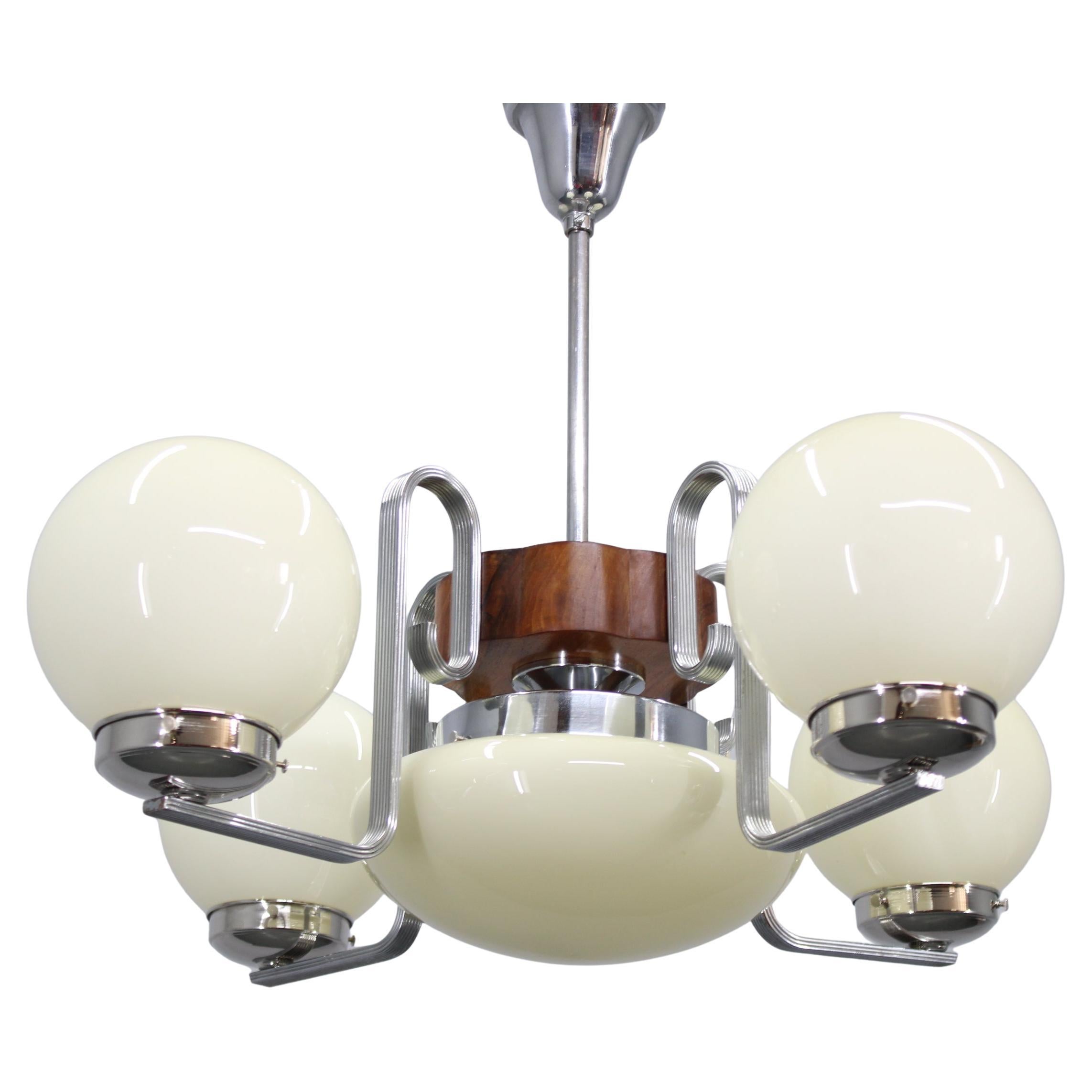 1950s Chrome, Glass and Wood Chandelier, Czechoslovakia