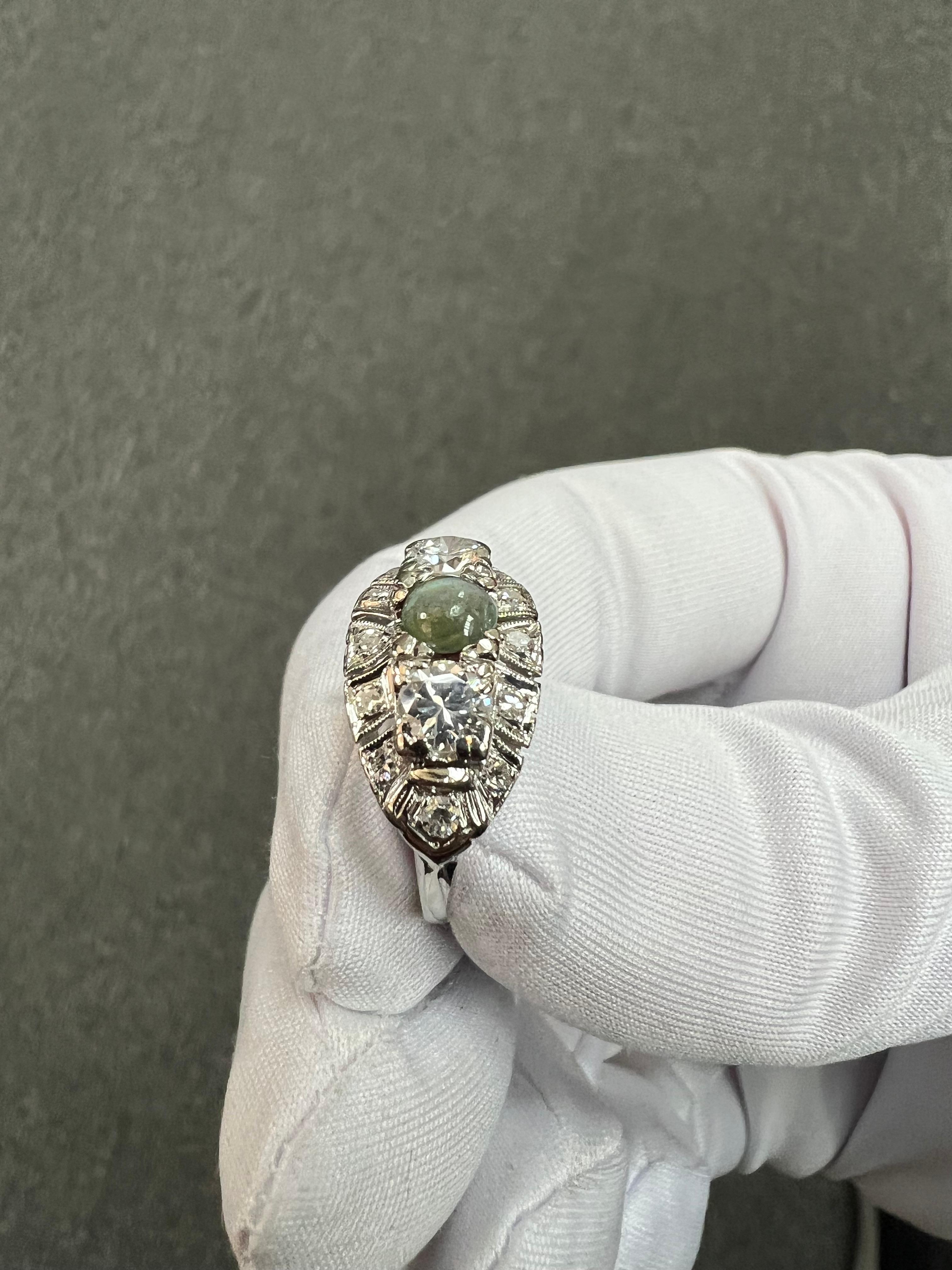 1950s Chrysoberyl Catseye Diamond Platinum Engagement Ring For Sale 6