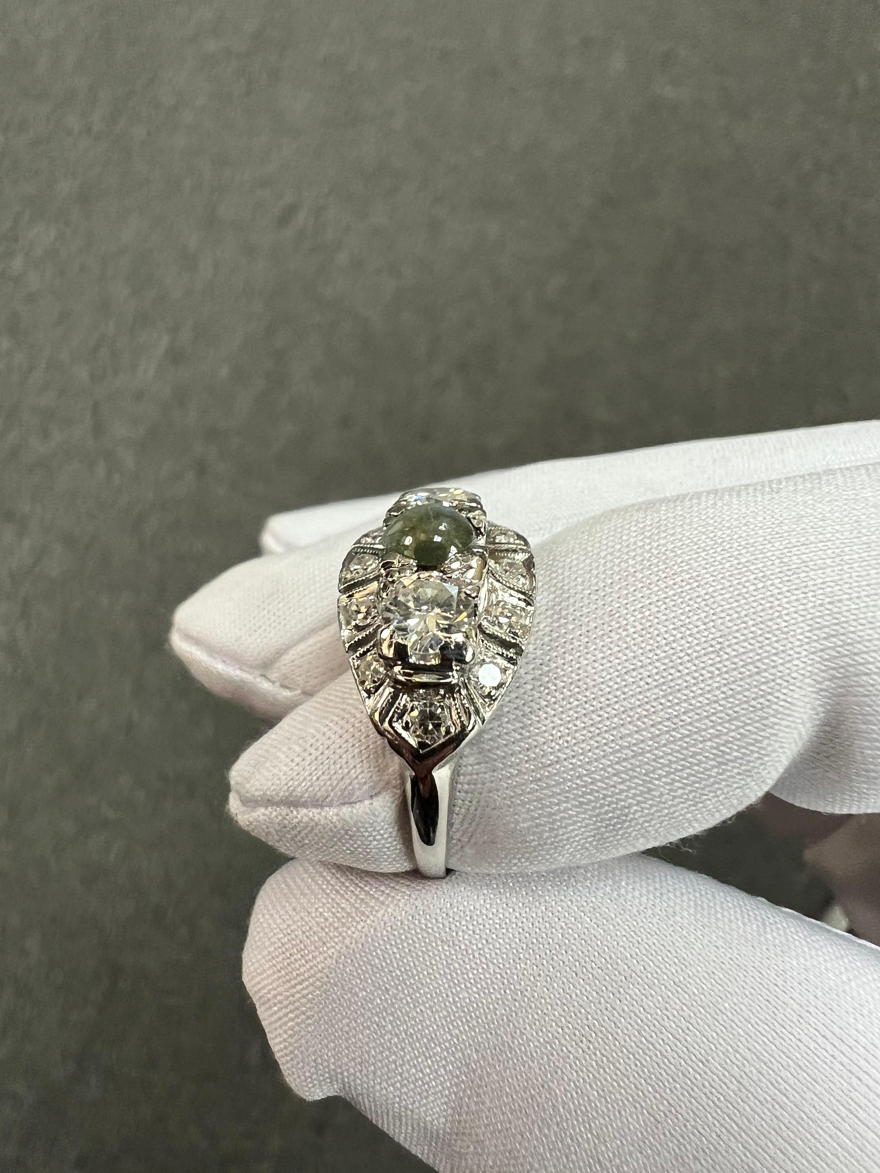 1950s Chrysoberyl Catseye Diamond Platinum Engagement Ring For Sale 7