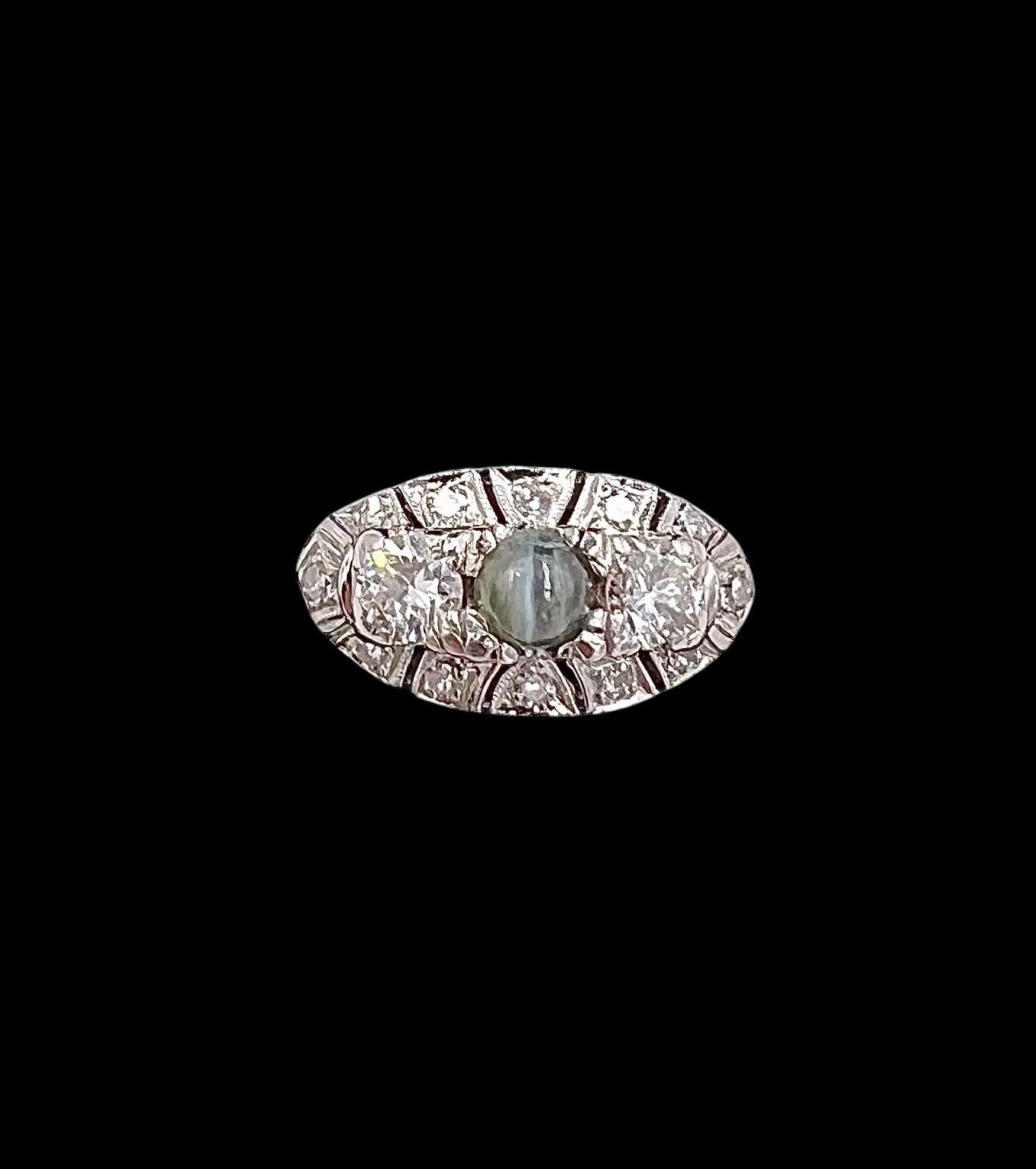 1950s Chrysoberyl Catseye Diamond Platinum Engagement Ring In Good Condition For Sale In Los Angeles, CA