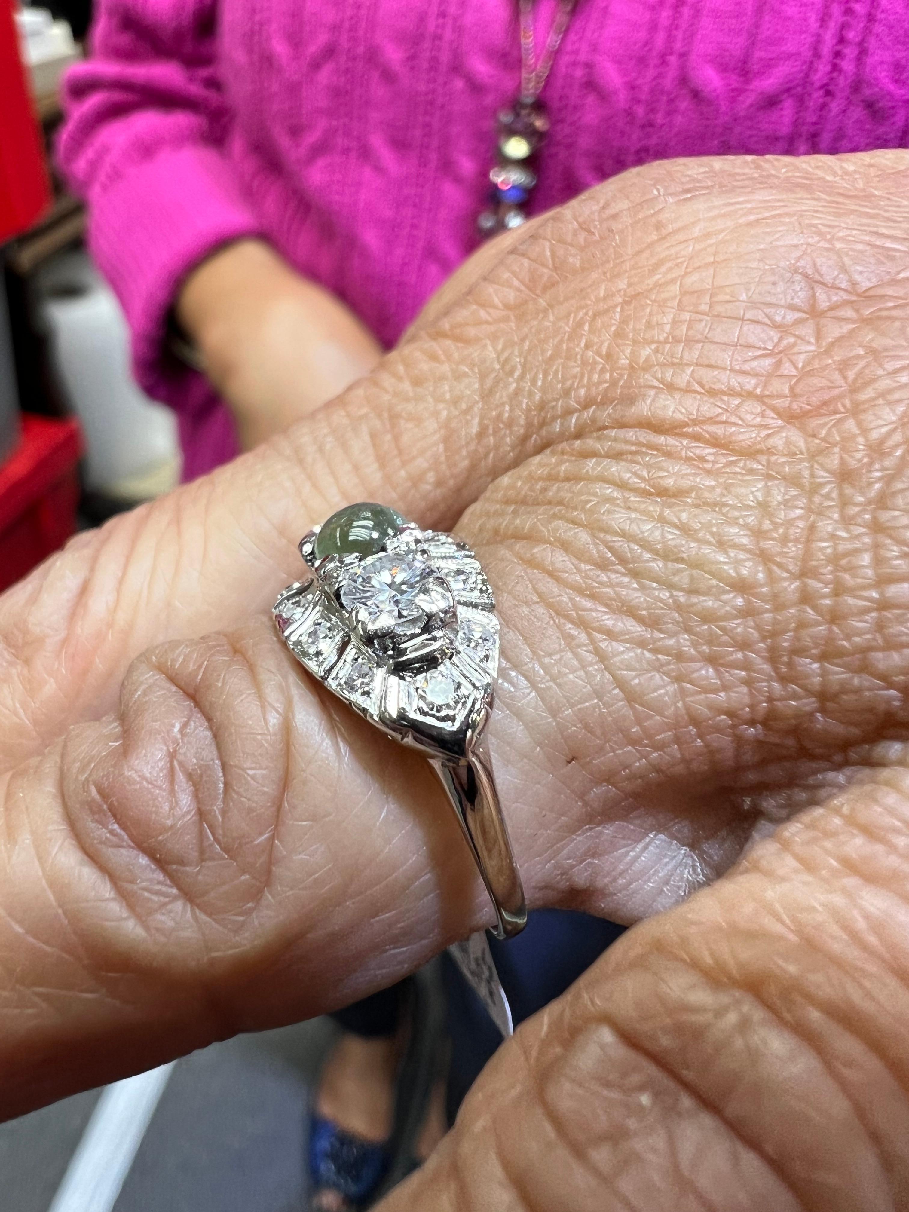 Round Cut 1950s Chrysoberyl Catseye Diamond Platinum Engagement Ring For Sale