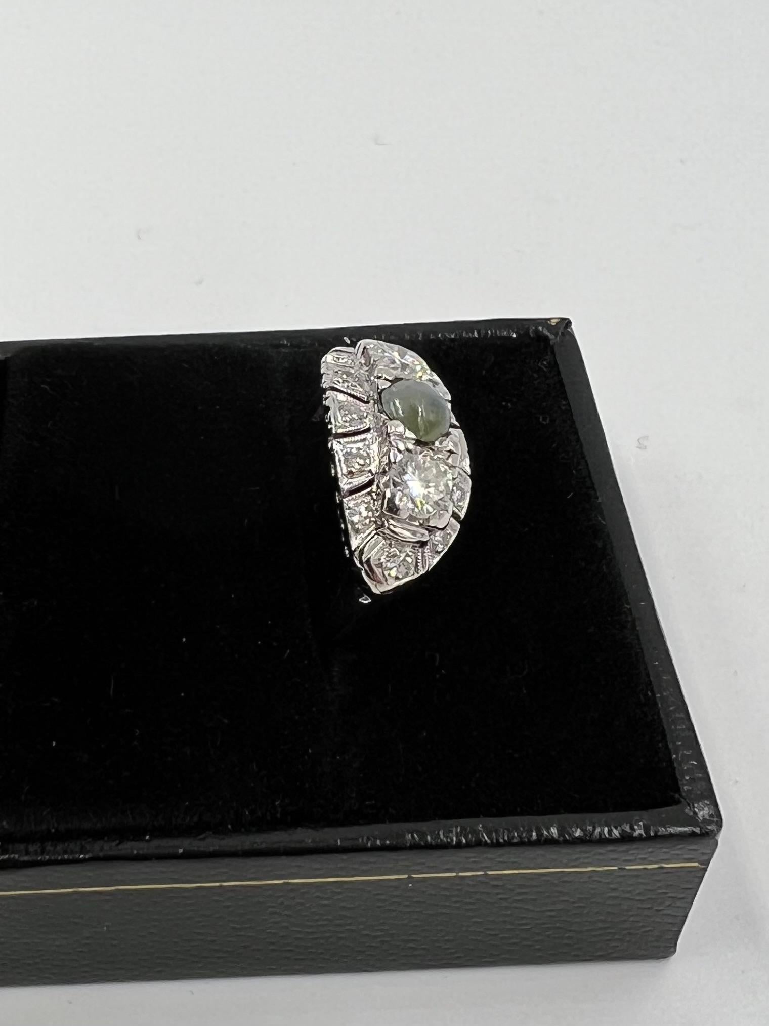 Women's or Men's 1950s Chrysoberyl Catseye Diamond Platinum Engagement Ring For Sale