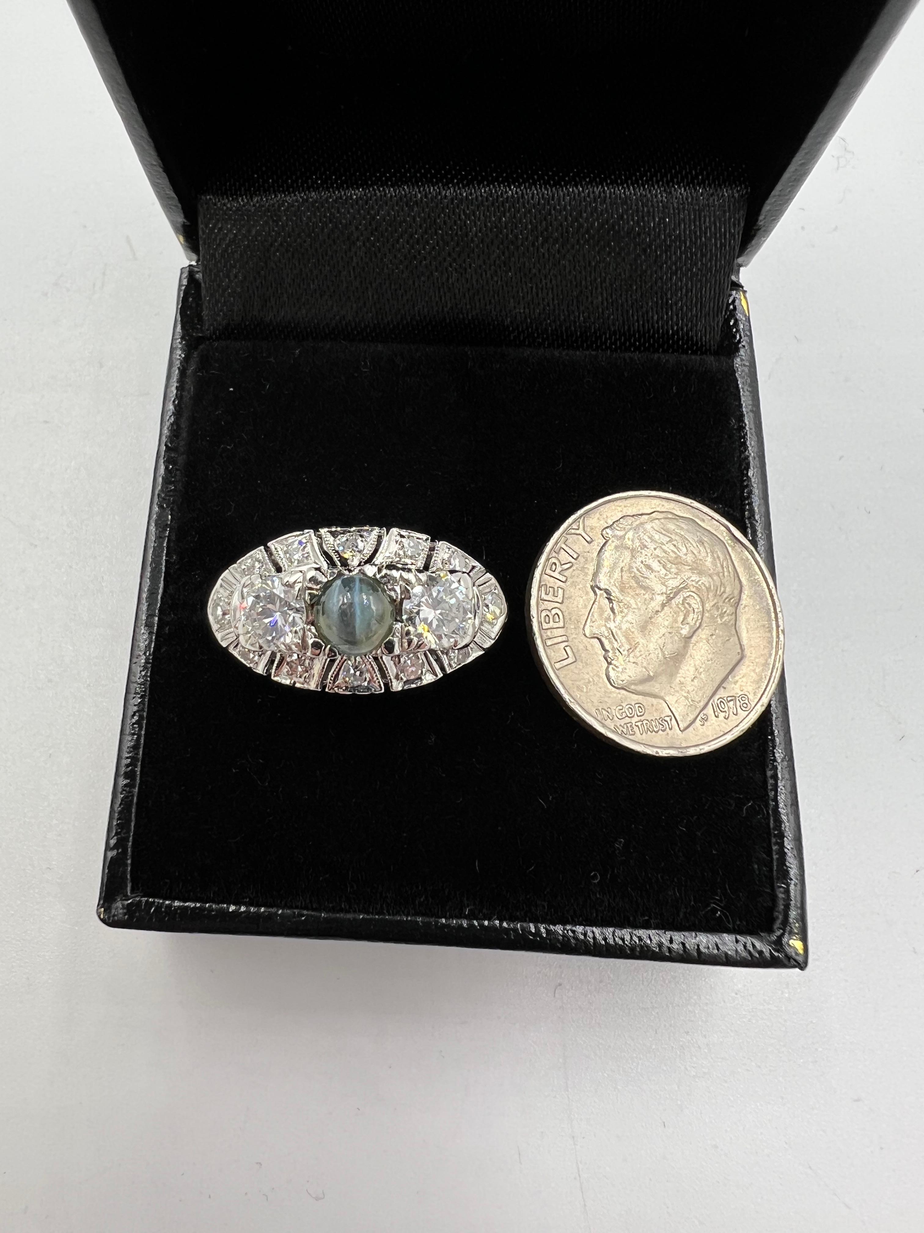 1950s Chrysoberyl Catseye Diamond Platinum Engagement Ring For Sale 3