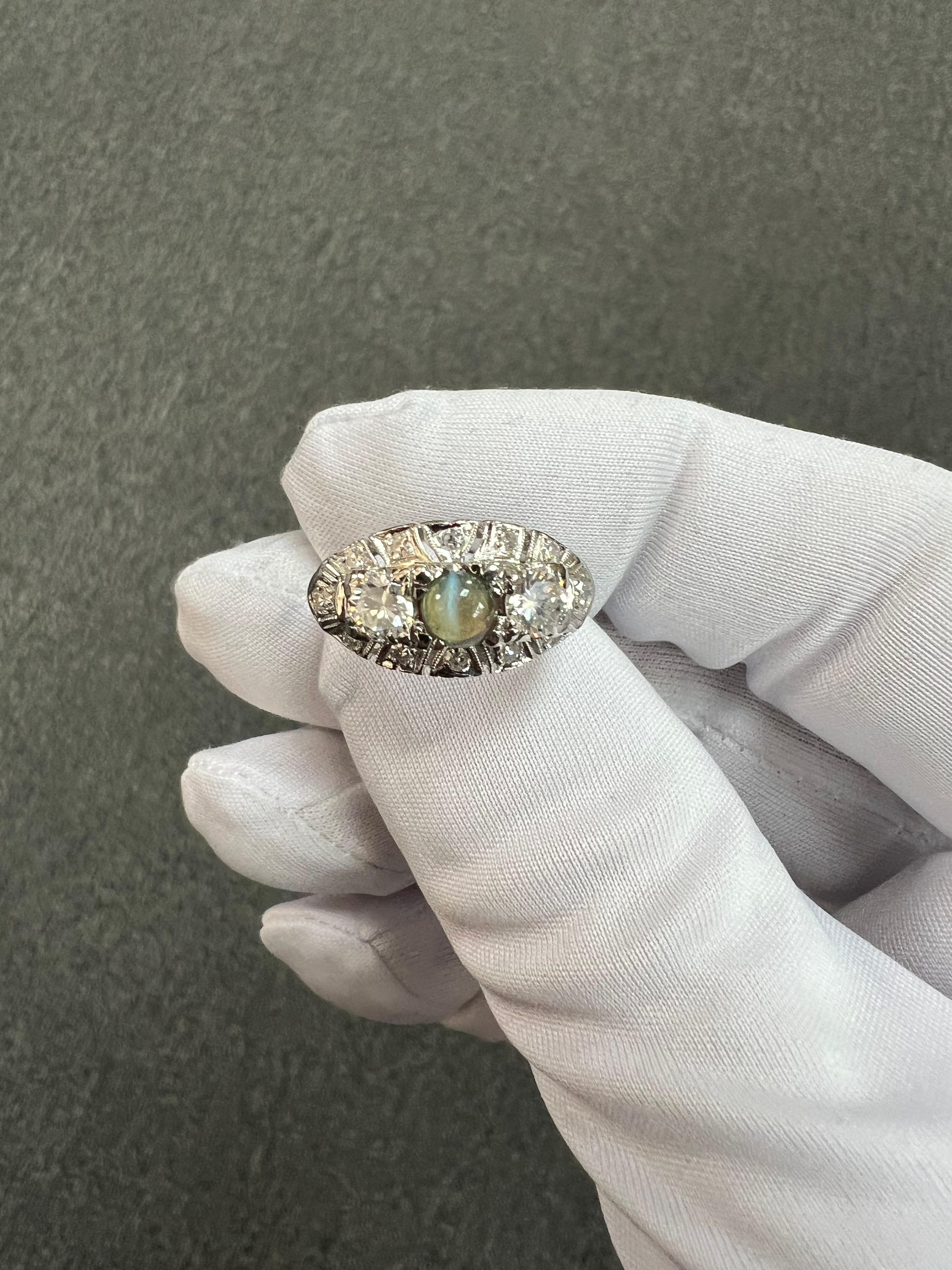 1950s Chrysoberyl Catseye Diamond Platinum Engagement Ring For Sale 4