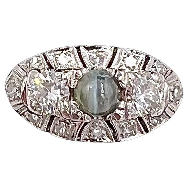 Verlobungsring aus Platin mit Chrysoberyll und Katzenauge-Diamant, 1950er Jahre