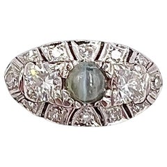 1950s Chrysoberyl Catseye Diamond Platinum Engagement Ring
