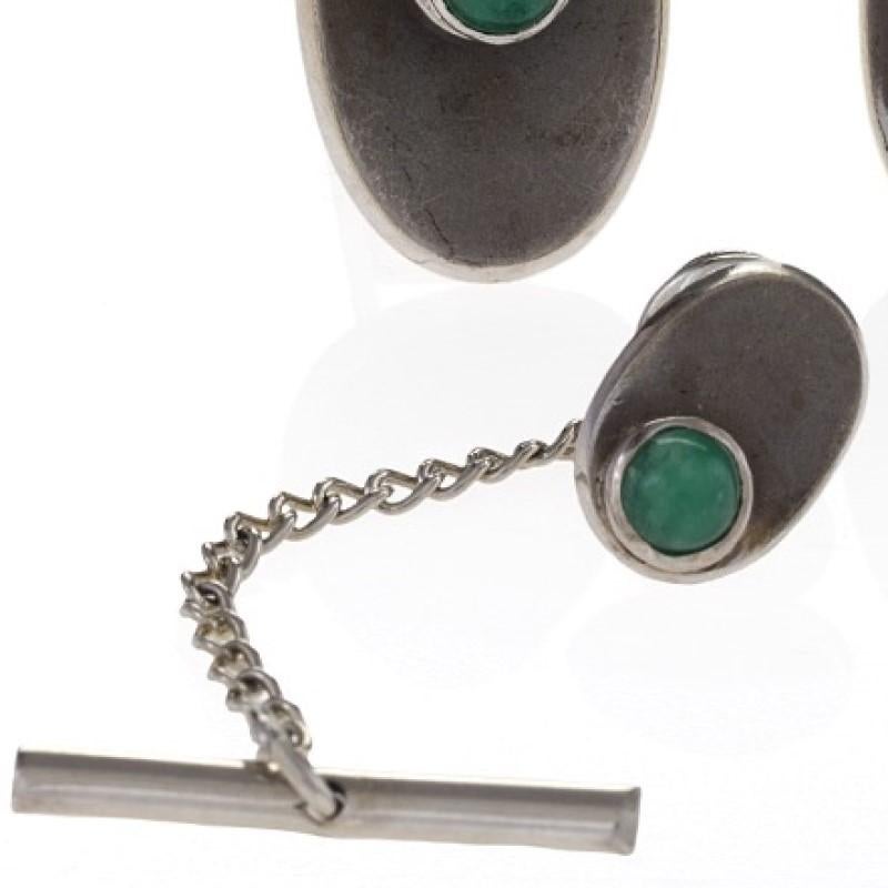 Men's 1950's Chrysoprase and Gold Cufflink and Tie Tack Set For Sale