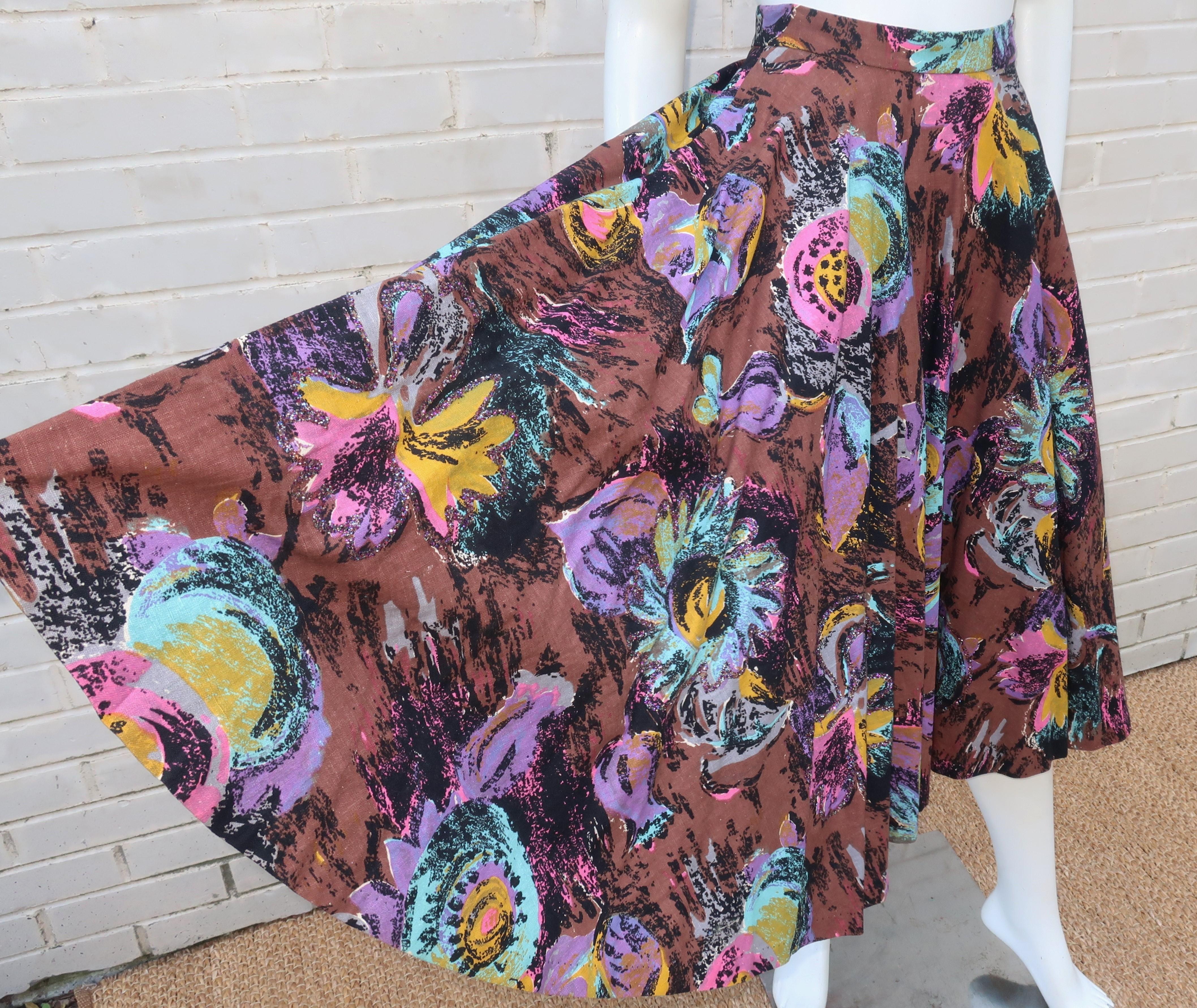 1950's Circle Swing Skirt With Novelty Glitter Floral Print In Good Condition In Atlanta, GA