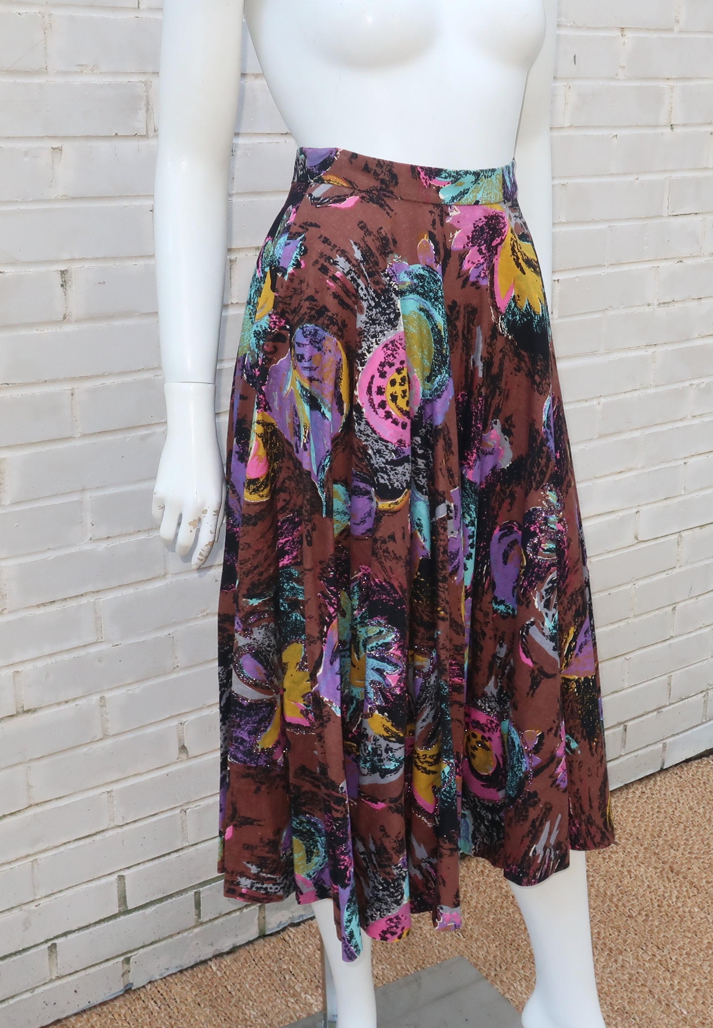Women's 1950's Circle Swing Skirt With Novelty Glitter Floral Print
