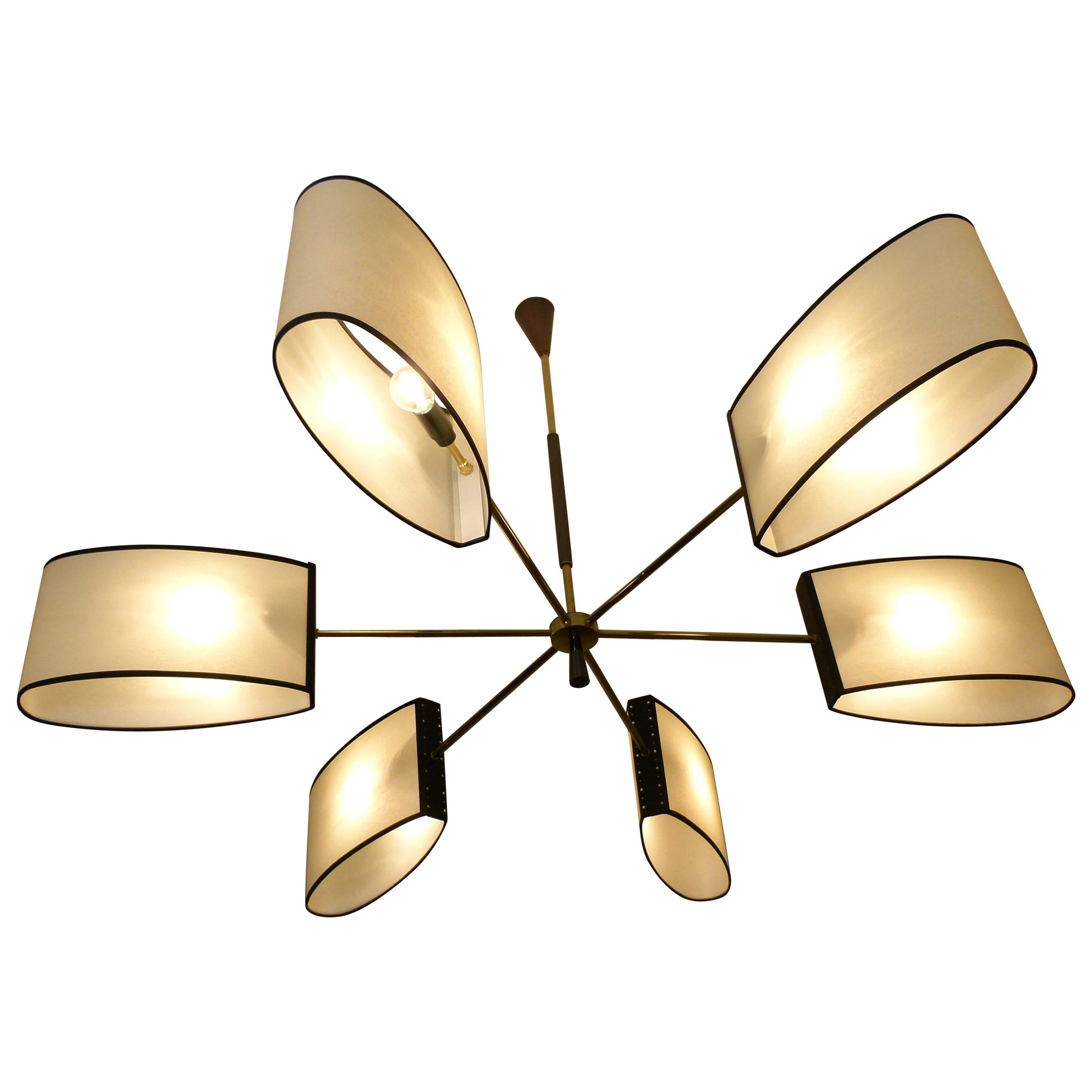 1950s Circular Chandelier with Six Arms of Light by Maison Lunel