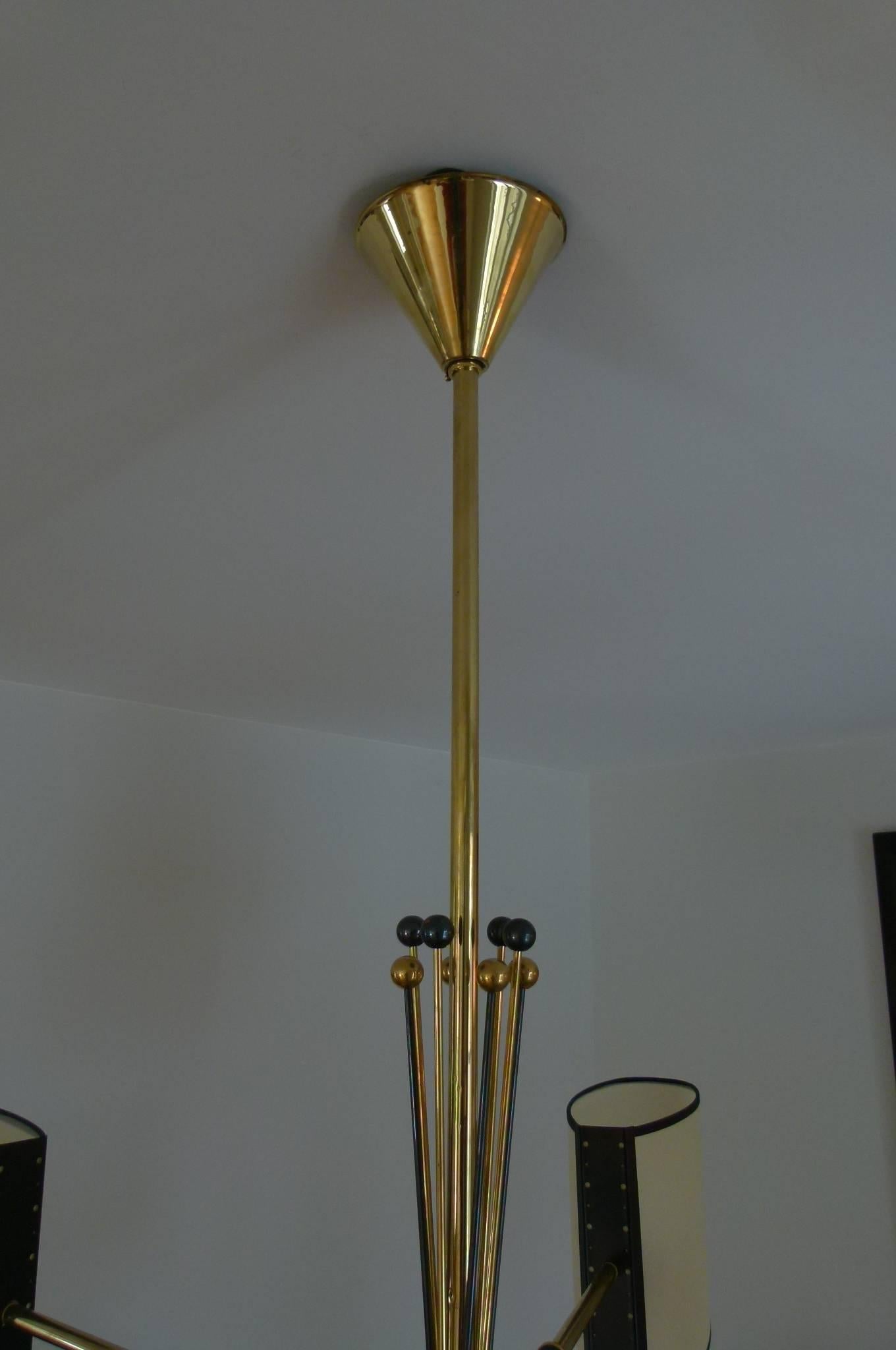 Brass 1950s Circular Five Lighted Arms Chandelier by Maison Lunel