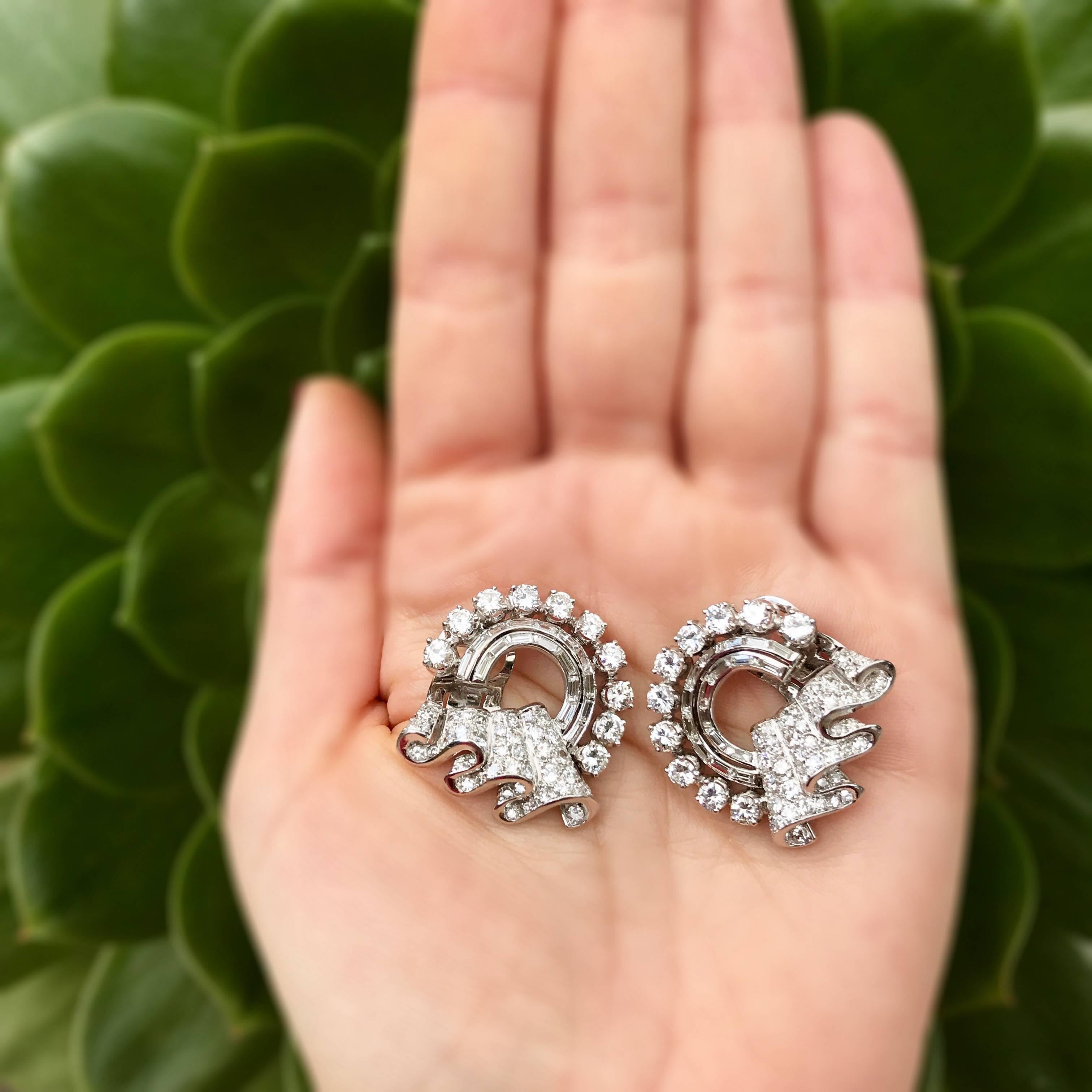 1950s Circular Ribbon and Platinum Earrings with 8 Carat of Diamonds For Sale 3