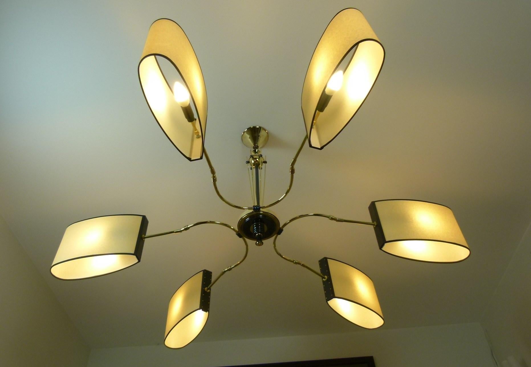 Mid-Century Modern 1950s Circular Six Lighted Arms Chandelier by Maison Lunel