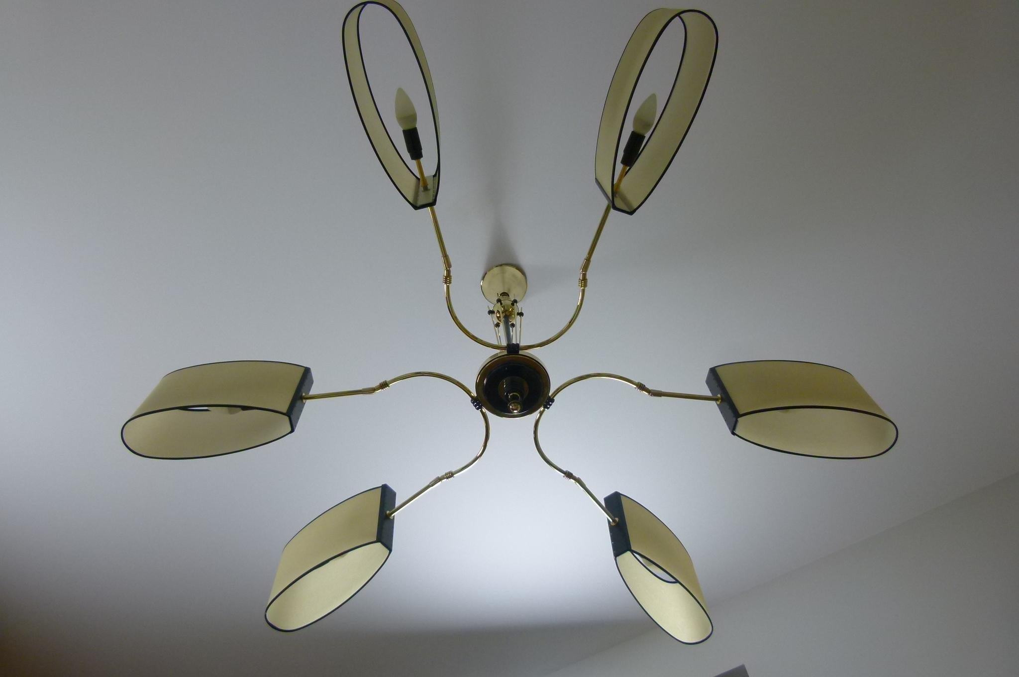 French 1950s Circular Six Lighted Arms Chandelier by Maison Lunel