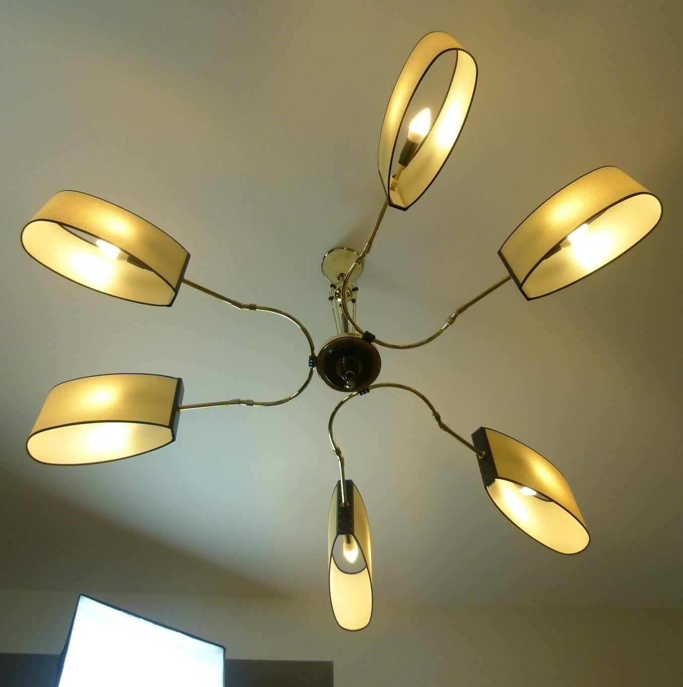 Brass 1950s Circular Six Lighted Arms Chandelier by Maison Lunel