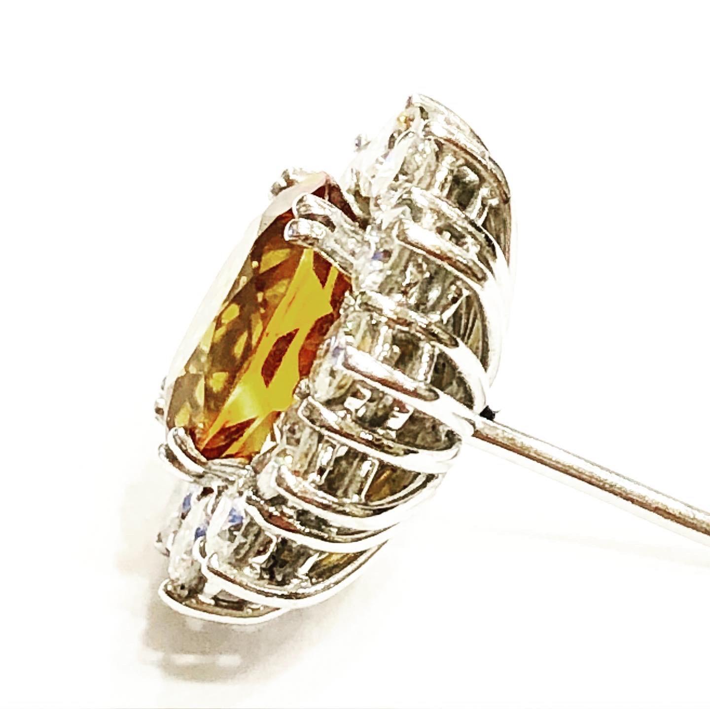 Retro 1950s Oval Citrine Diamonds 18k White Gold Cluster Stud Earrings