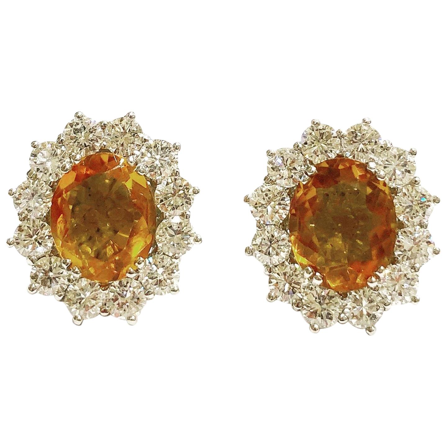 1950s Oval Citrine Diamonds 18k White Gold Cluster Stud Earrings