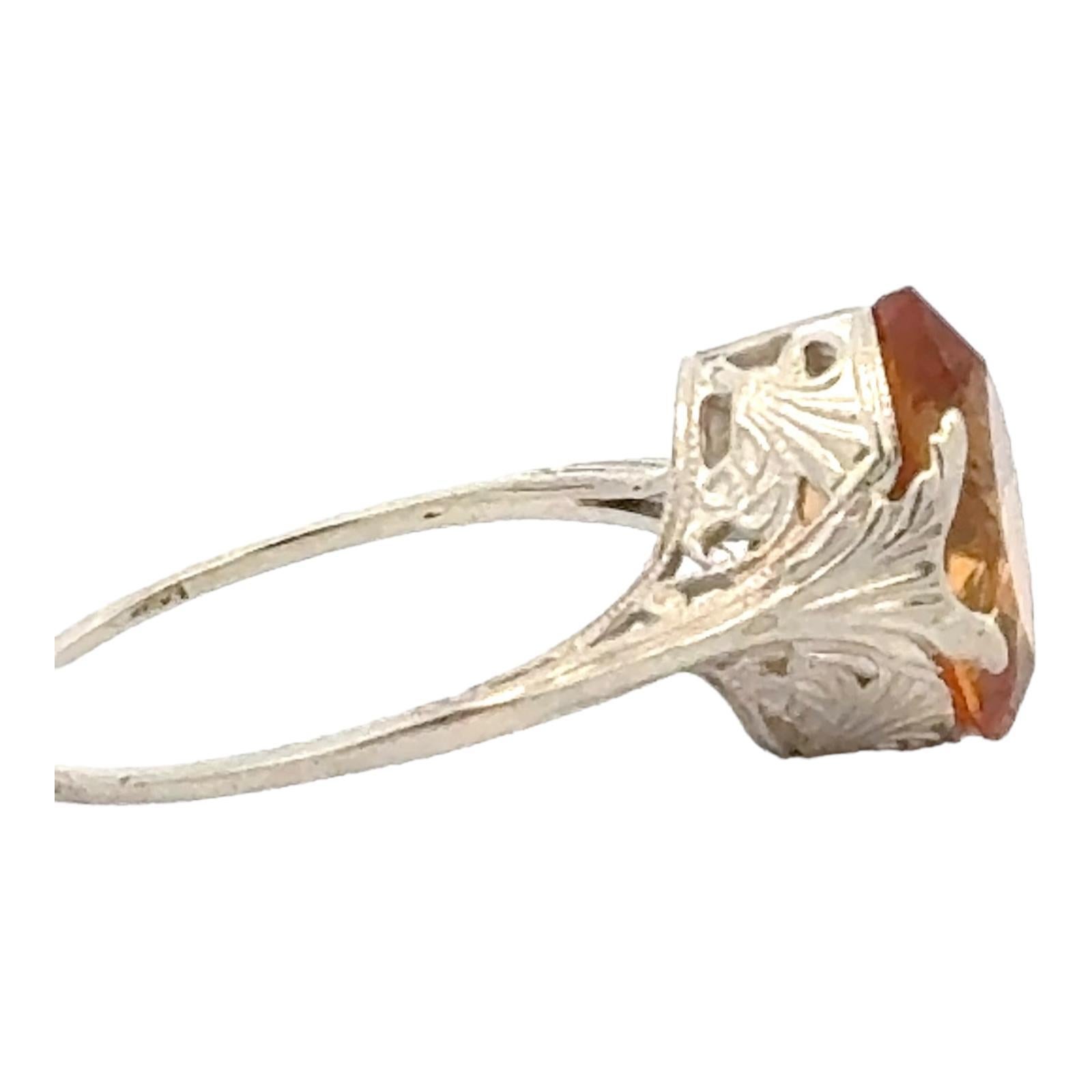 Women's 1950's Citrine Gemstone 14 Karat White Gold Filigree Estate Ring For Sale