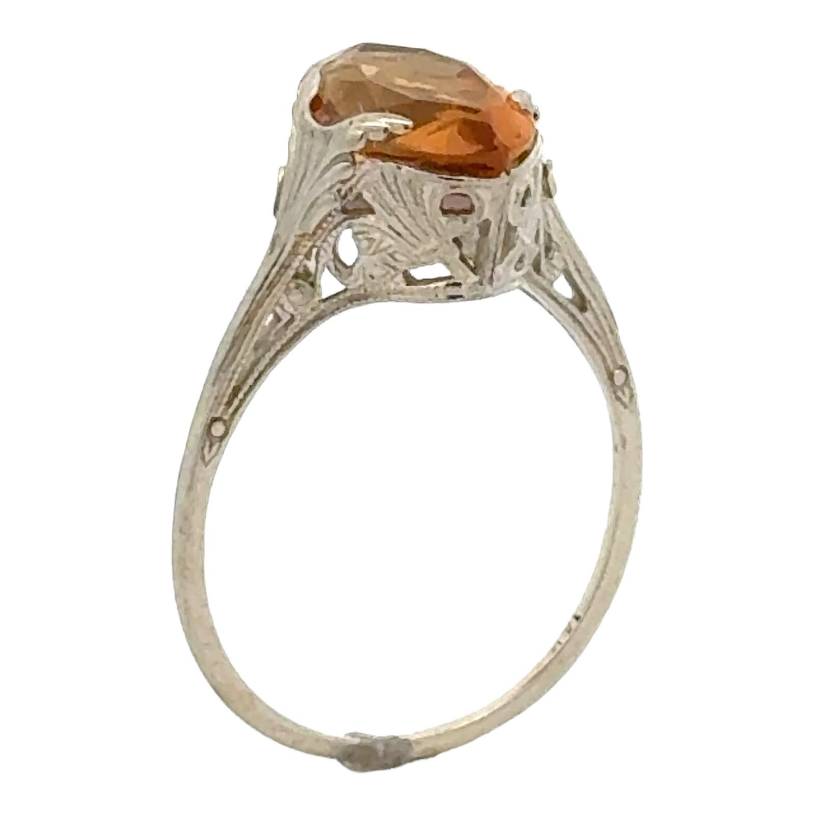 1950's Citrine Gemstone 14 Karat White Gold Filigree Estate Ring For Sale 1