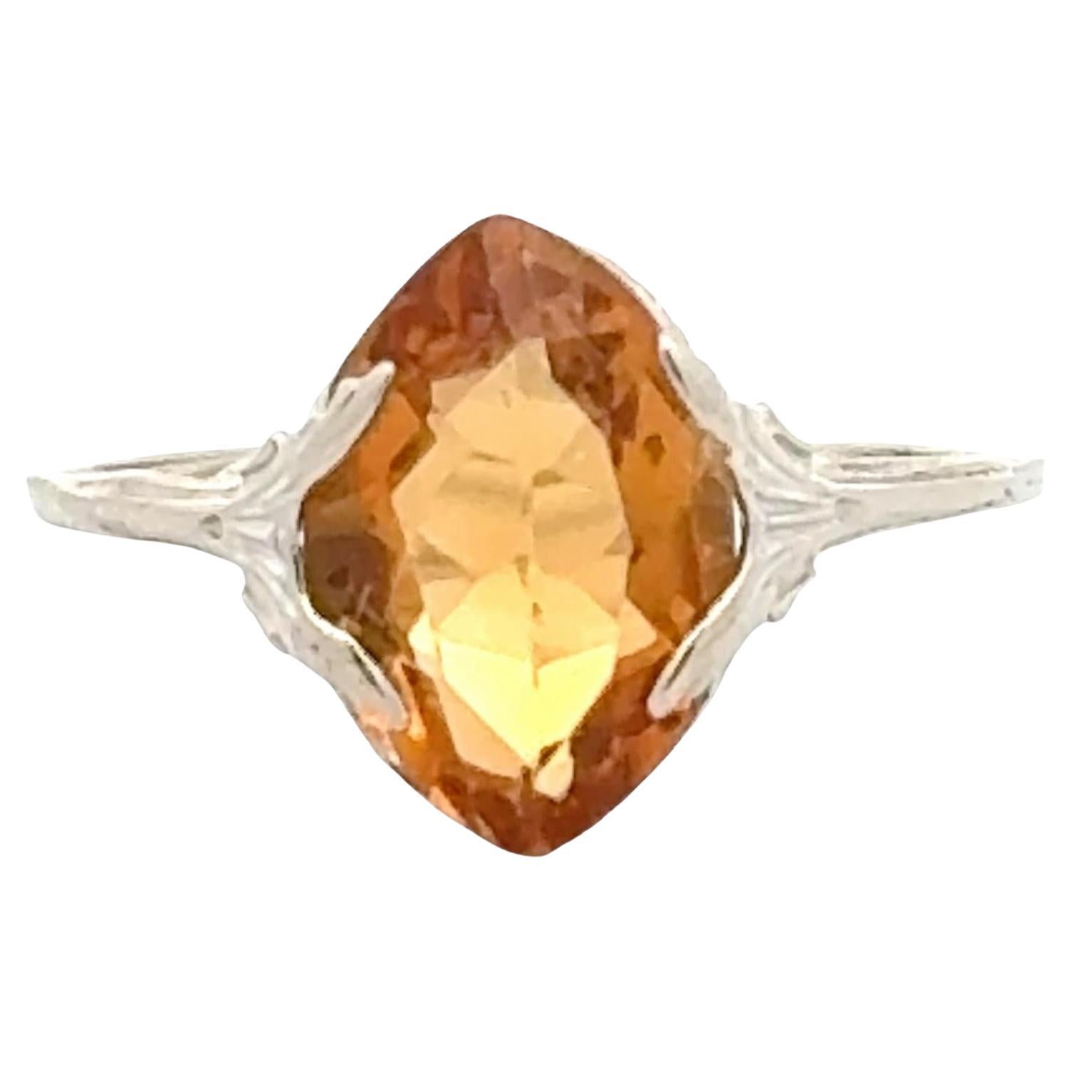 1950
s Citrine Gemstone 14 Karat White Gold Filigree Estate Ring