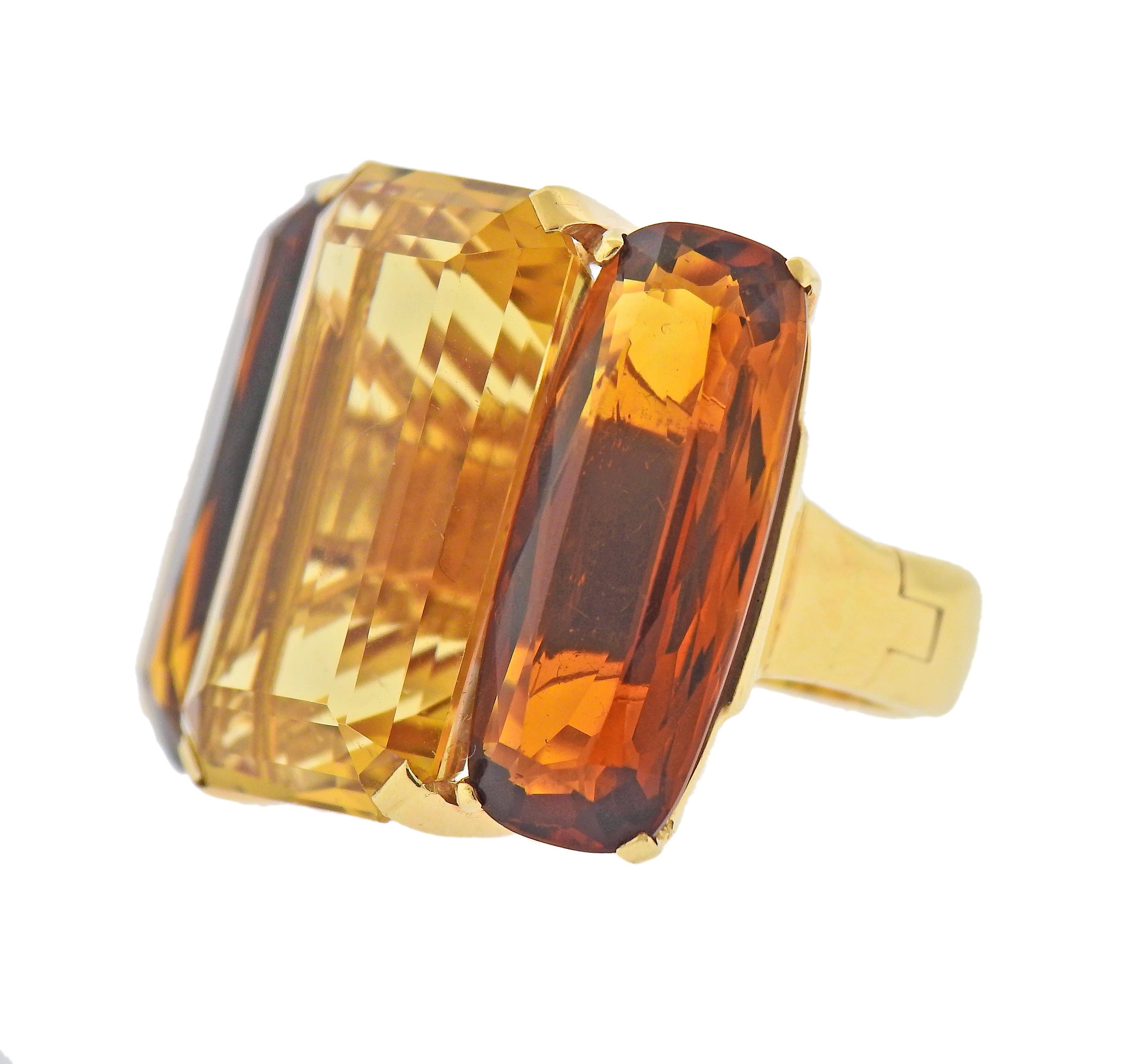 Circa 1950s, Mid century 14k gold cocktail large ring, featuring two tone vitrines. Stones measure approx. 24 x 10.2 x 6.5mm (sides ) and 24.5 x 15 x 10.1mm (center). Ring size - 3.5, ring top is 24.5mm x 34mm. Weight - 25 grams.