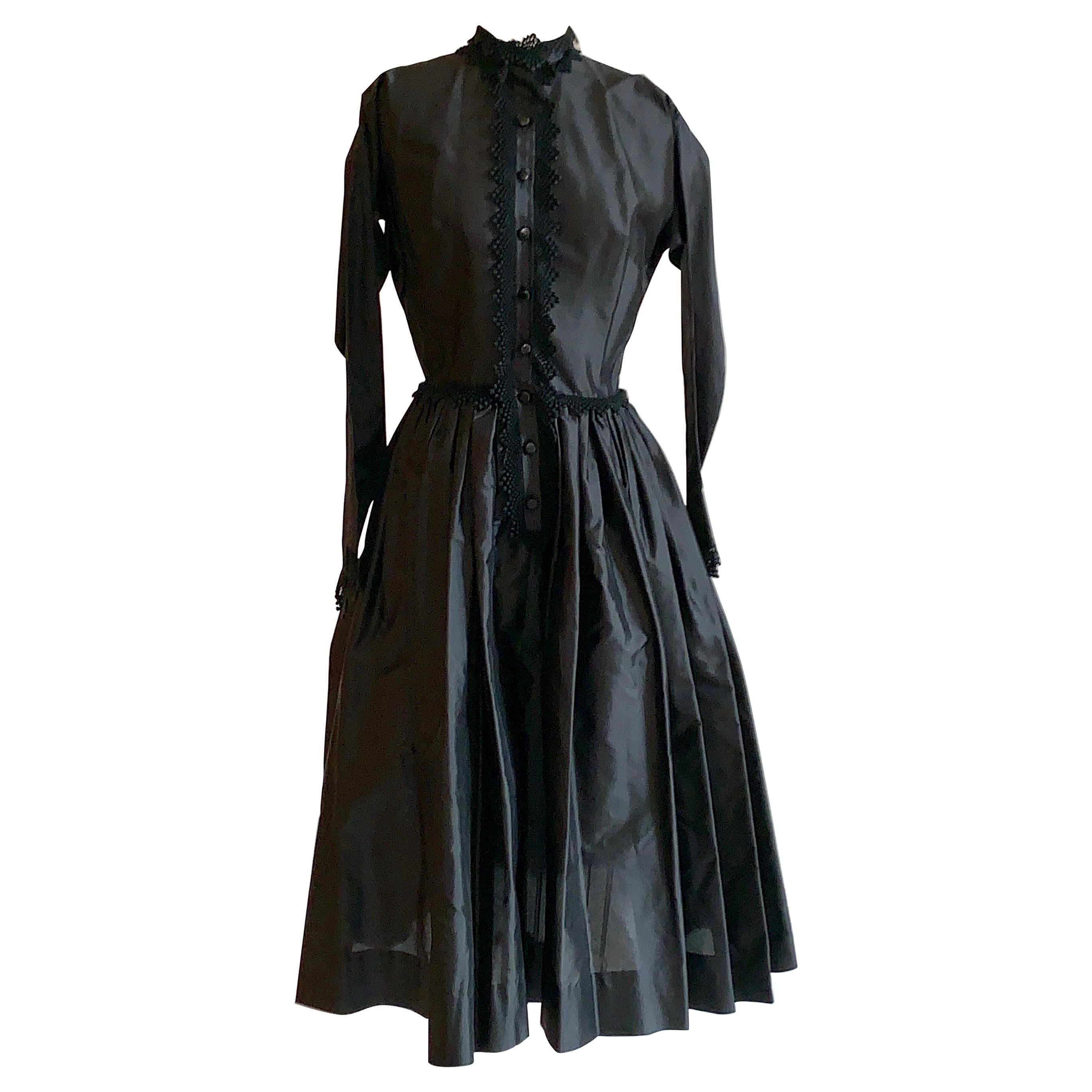 1950s Claire McCardell for Townley Black Button Front Dress with Lace Trim