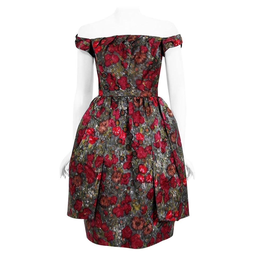 1950's Claire Schaffel Couture Floral Print Silk Off-Shoulder 'New Look' Dress For Sale