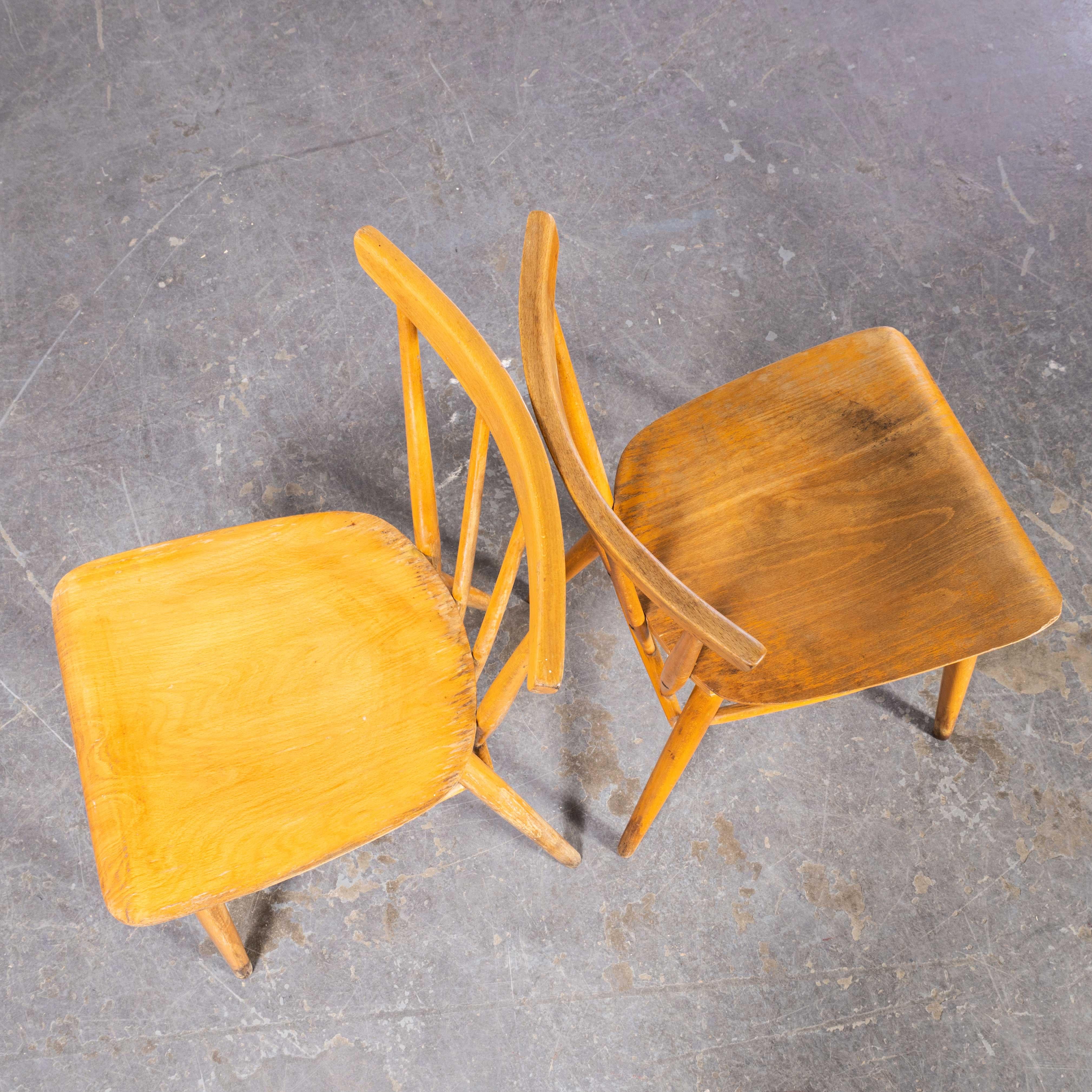 1950s Classic Elegant Stickback Dining Chairs By Ton – Pair
1950s Classic Elegant Stickback Dining Chairs By Ton – Pair. These chairs were produced by the famous Czech firm Ton, a post war spin off from the famous Thonet factory that was carved up