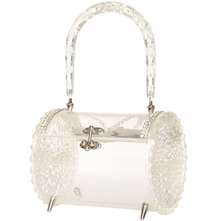 1950s Clear Carved Lucite and Rhinestone Barrel Bag at 1stDibs