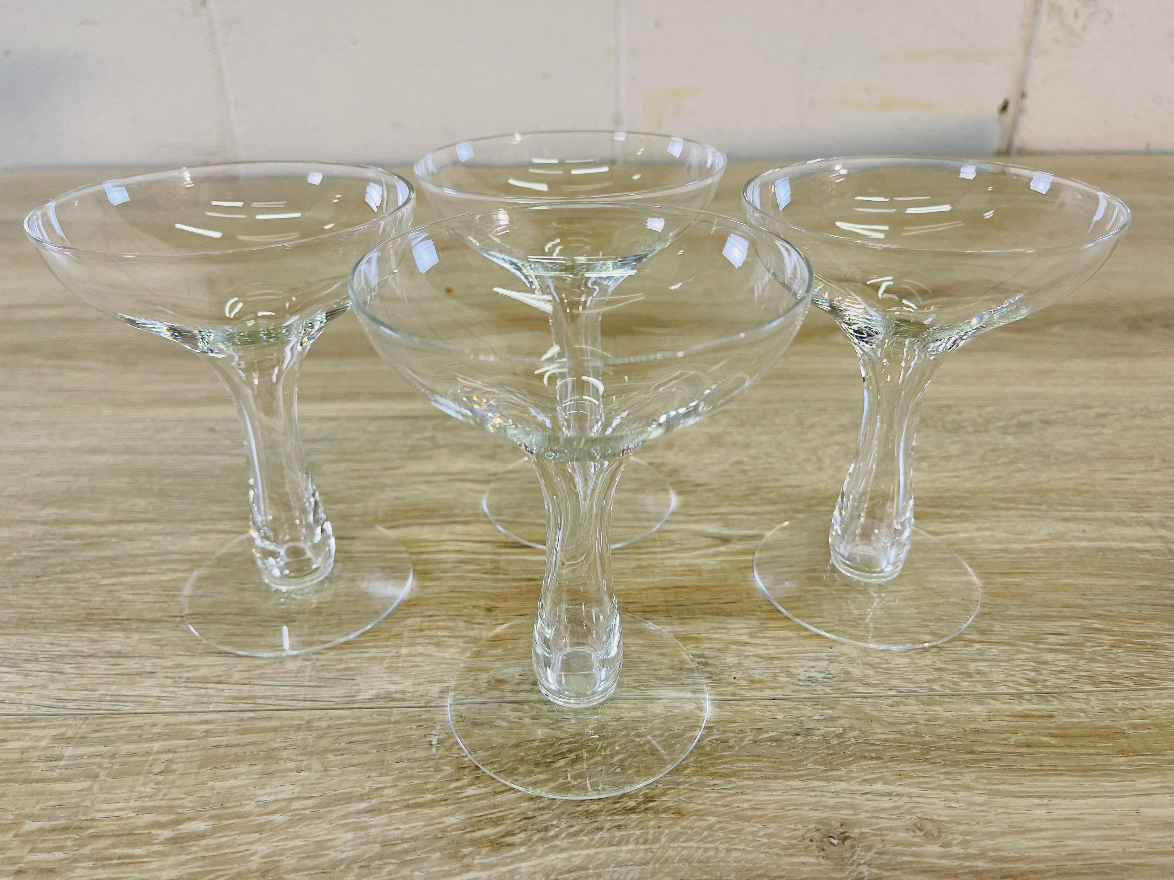 1950s Clear Glass Hollow Stem Coupes, Set of 4 In Good Condition In Amherst, NH