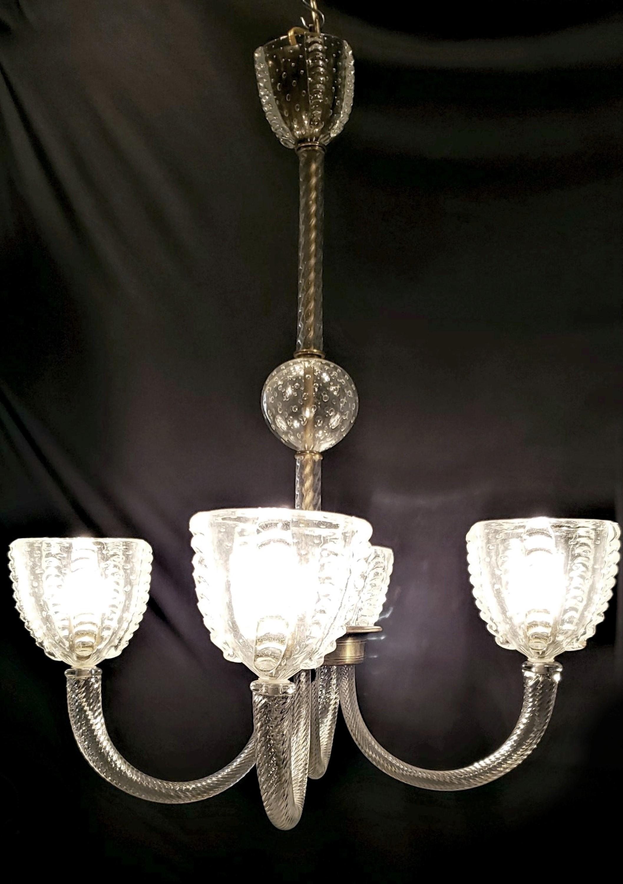 Metal 1950s Clear Murano Blown Glass Shaped Arms Chandelier For Sale