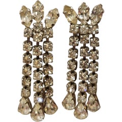 1950s Clear Rhinestone Silver-Tone Waterfall Chandelier Clip-On Earrings