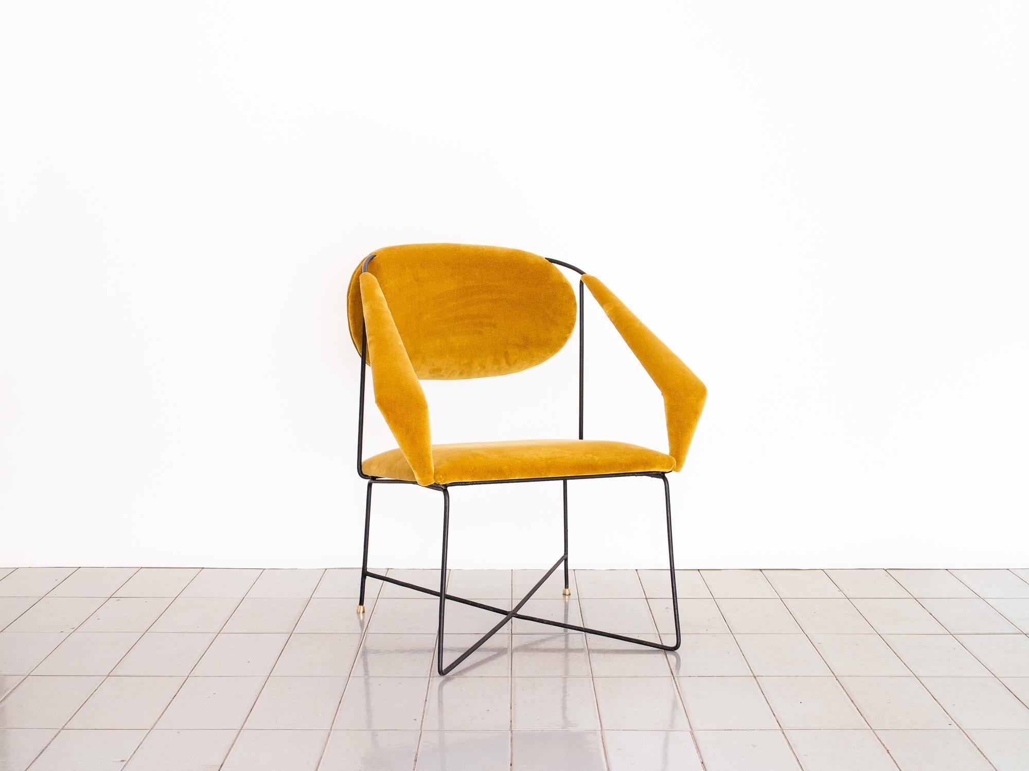 Mid-Century Modern 1950s Club Chair in Wrought Iron and Yellow Velvet, Brazilian Mid Century Modern