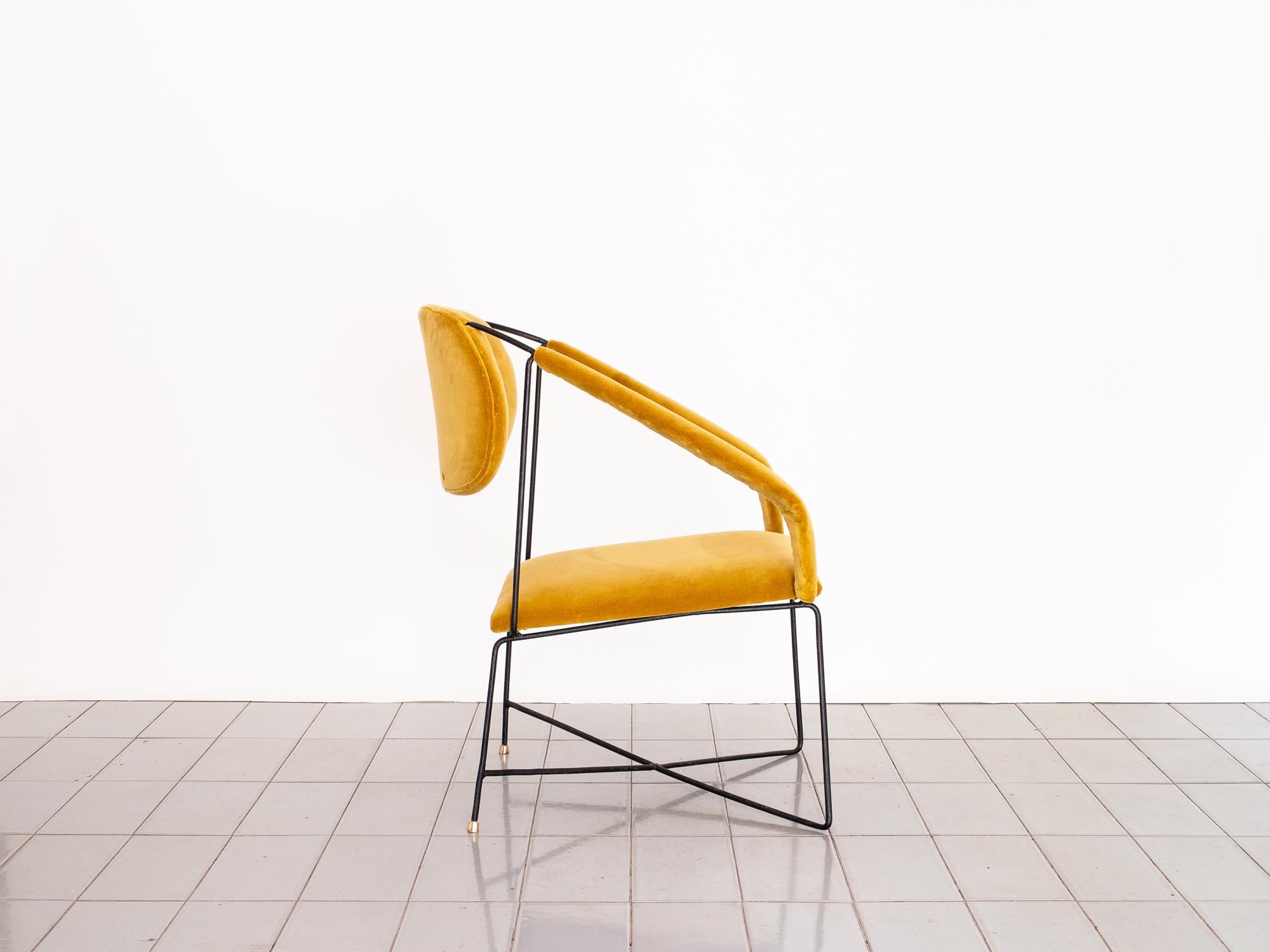 1950s Club Chair in Wrought Iron and Yellow Velvet, Brazilian Mid Century Modern In Good Condition In Sao Paulo, SP