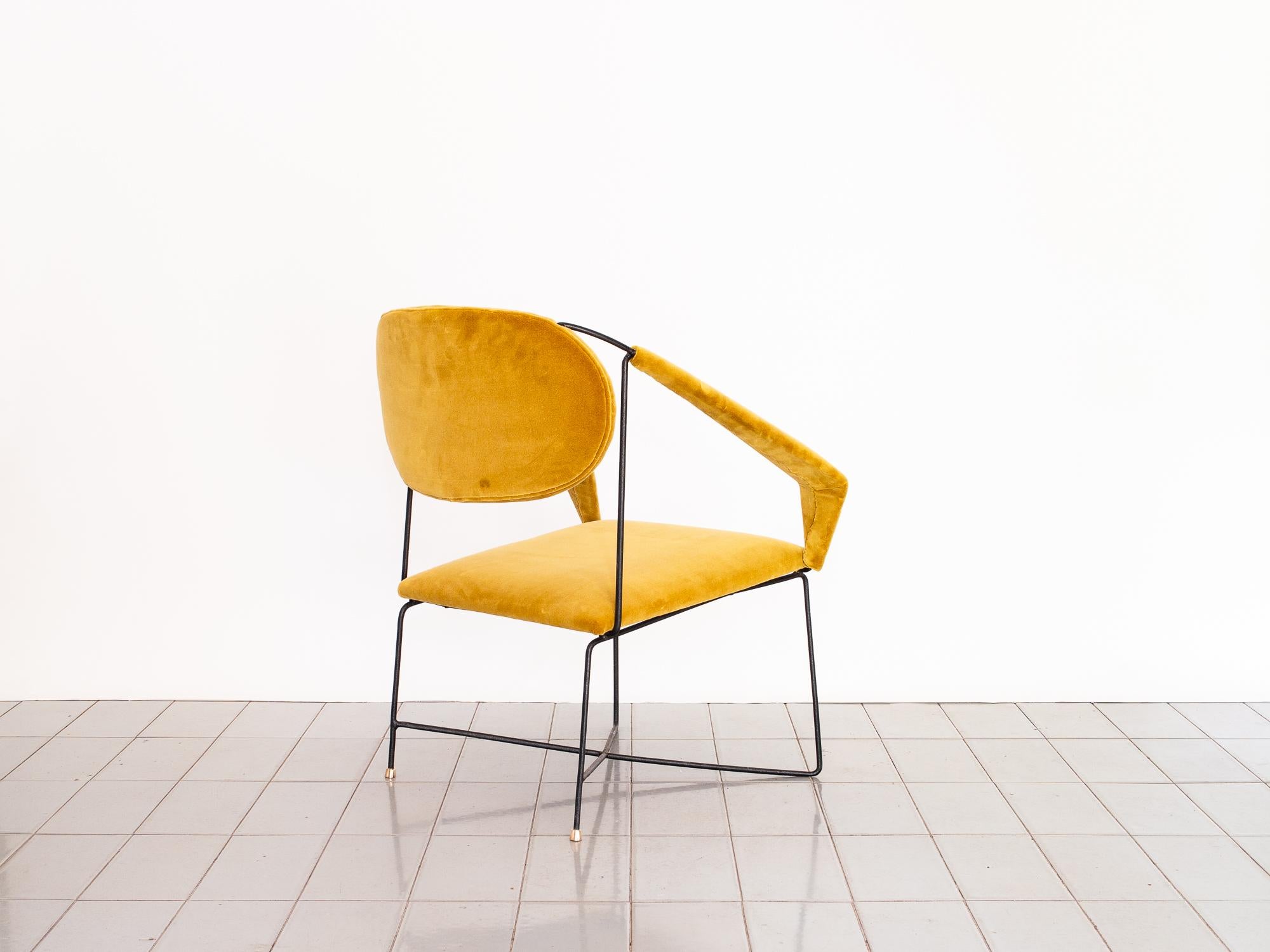 20th Century 1950s Club Chair in Wrought Iron and Yellow Velvet, Brazilian Mid Century Modern