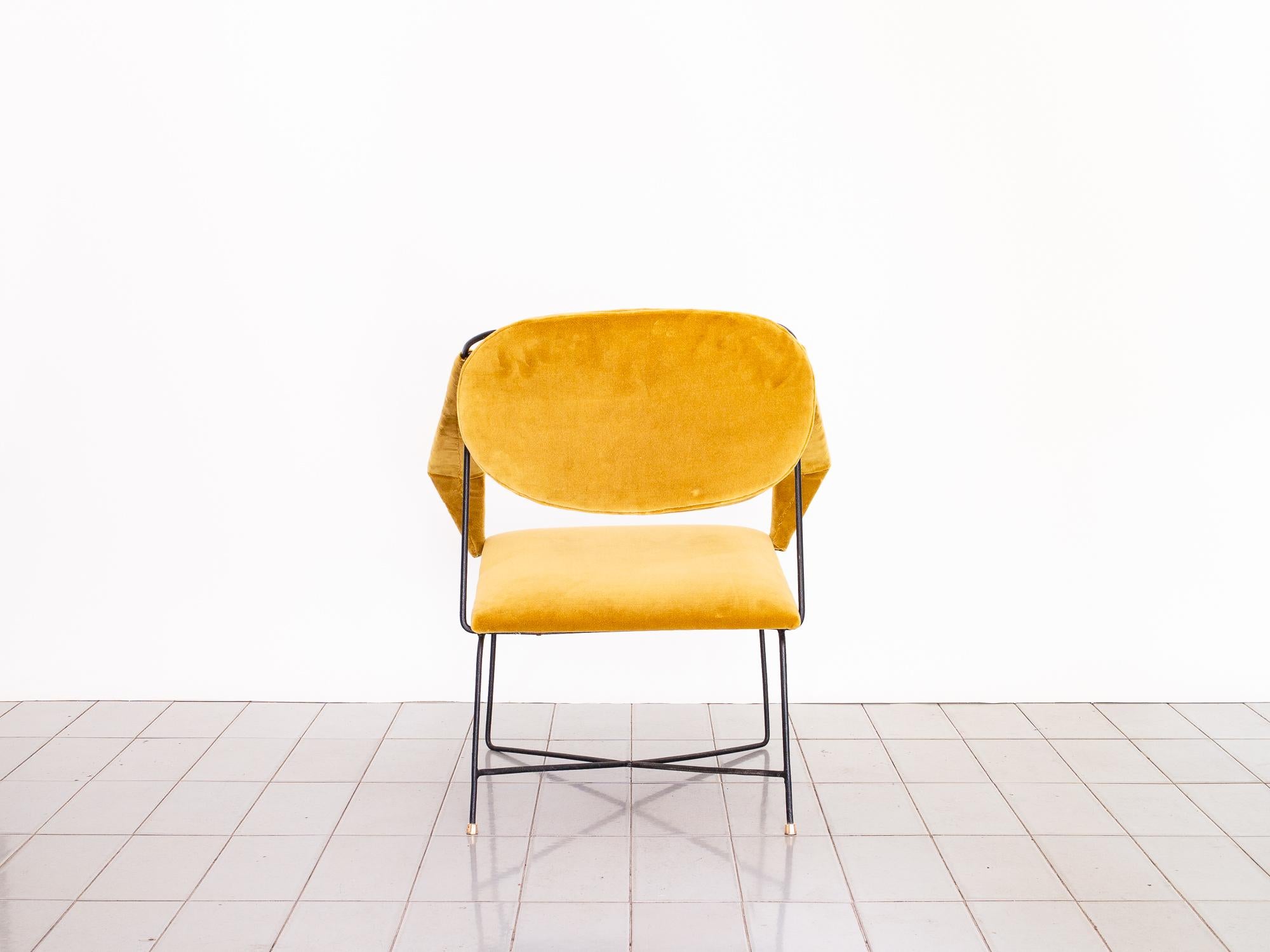 Brass 1950s Club Chair in Wrought Iron and Yellow Velvet, Brazilian Mid Century Modern