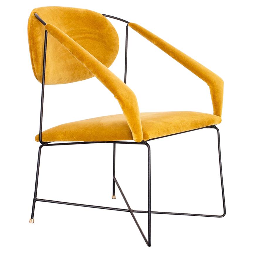 1950s Club Chair in Wrought Iron and Yellow Velvet, Brazilian Mid Century Modern