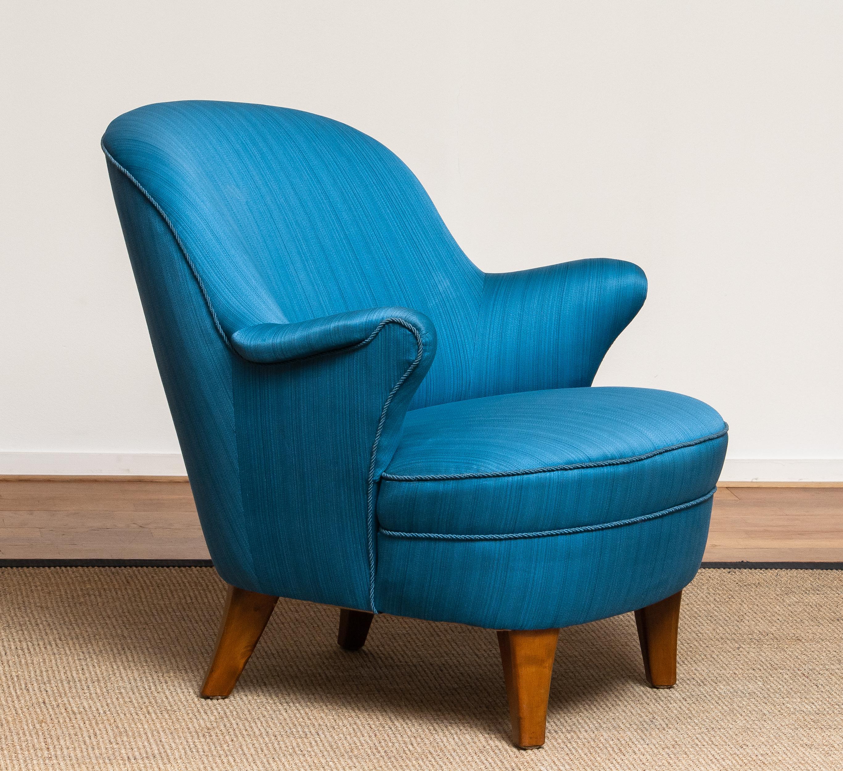 Mid-20th Century 1950s Club / Lounge / Easy Chair in the Manner of Kurt Olsen in Petrol Fabric
