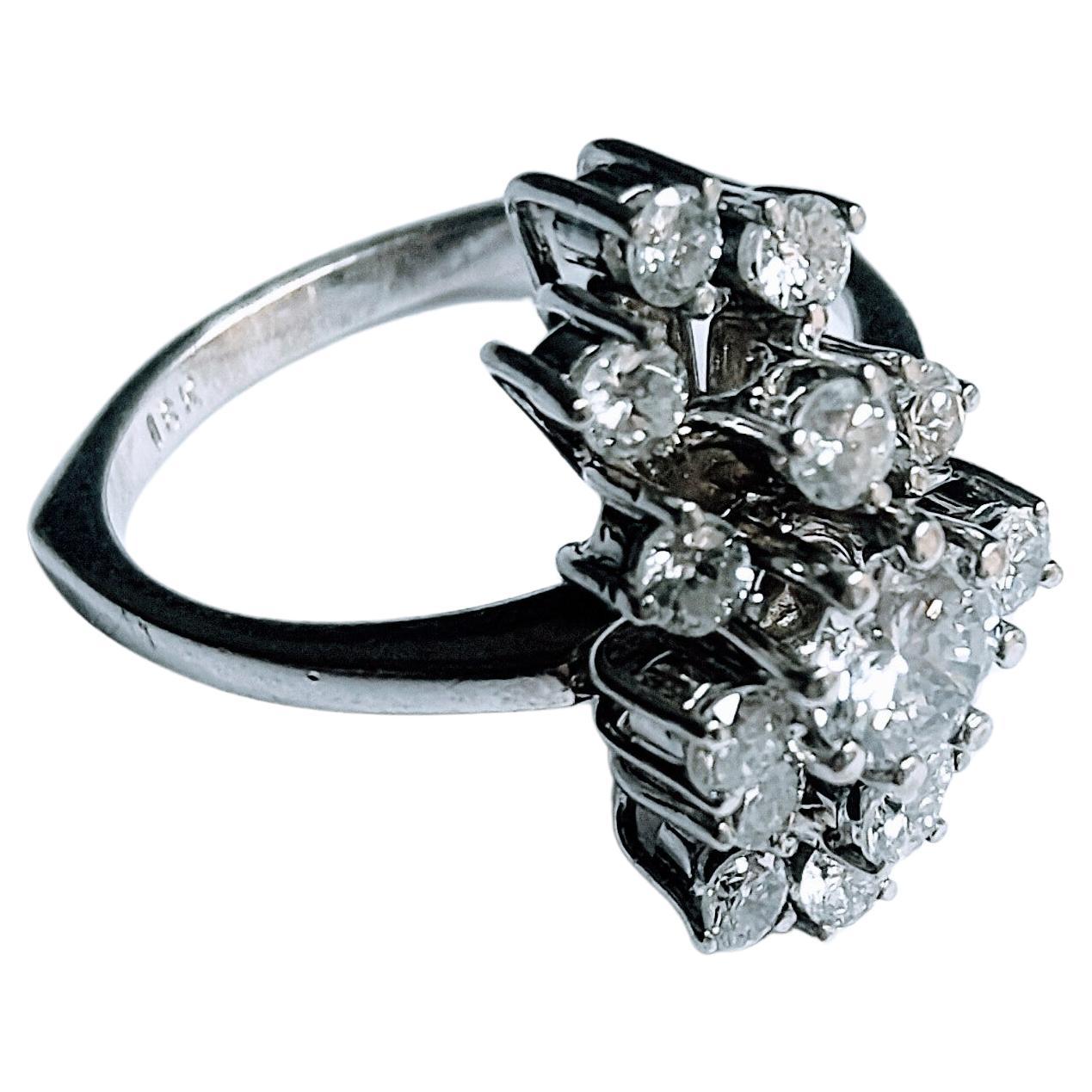 Women's or Men's Vintage 1950s Cluster Shuttle Ring Brilliant Cut Diamond 0.86 Ctw White Gold 18K For Sale
