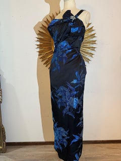 1950s Cobalt & Black Silk Satin Floral Brocade Gown w Draped Bodice & Fishtail