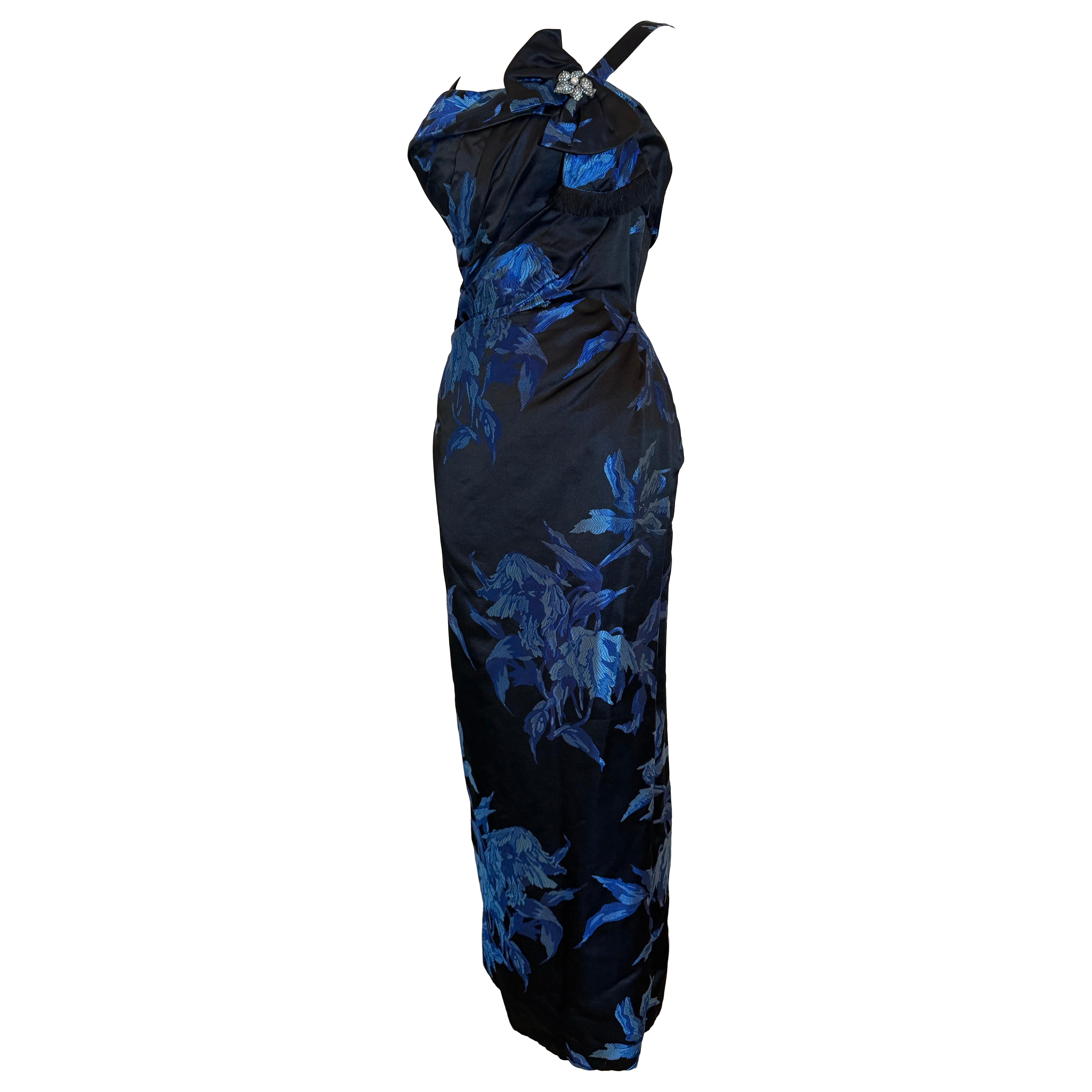 1950s Cobalt 
Black Silk Satin Floral Brocade Gown w Draped Bodice 
Fishtail en vente