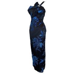 1950s Cobalt 
Black Silk Satin Floral Brocade Gown w Draped Bodice 
Fishtail
