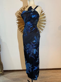 1950s Cobalt & Black Silk Satin Floral Brocade Gown w Draped Bodice & Fishtail