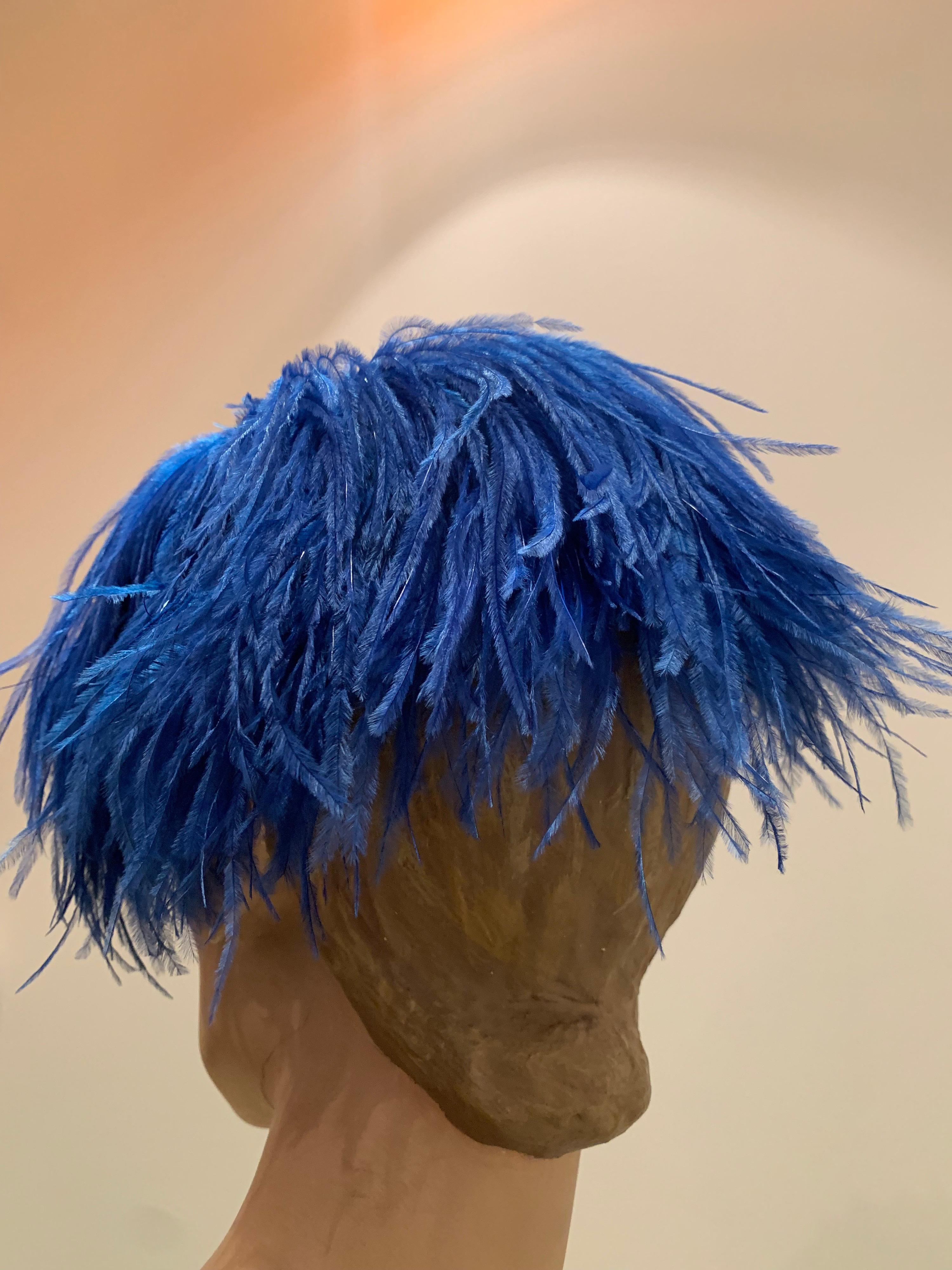 1950s Cobalt Blue Ostrich Feather Fringe Pillbox Hat  In Excellent Condition For Sale In Gresham, OR
