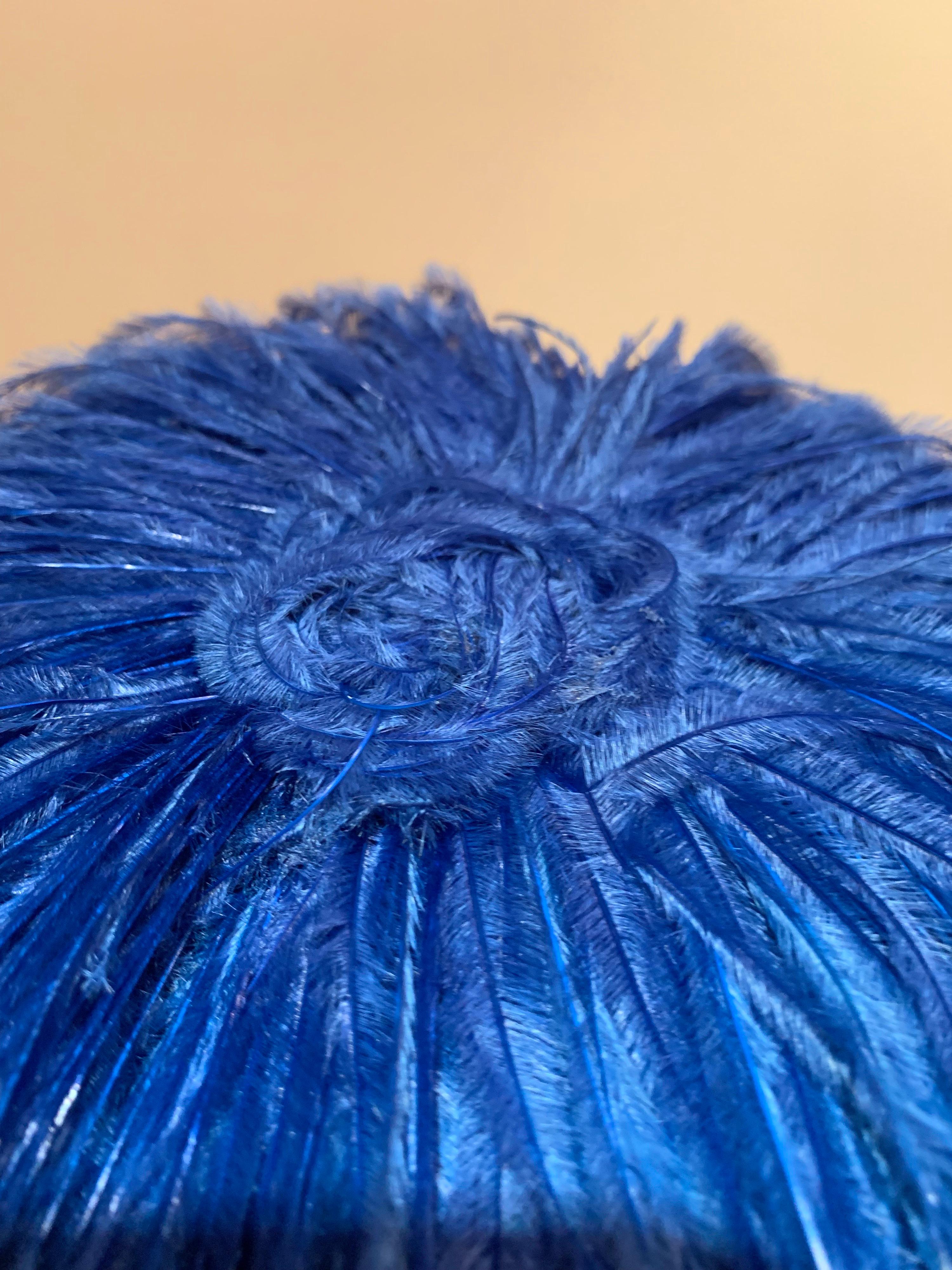 Women's 1950s Cobalt Blue Ostrich Feather Fringe Pillbox Hat  For Sale