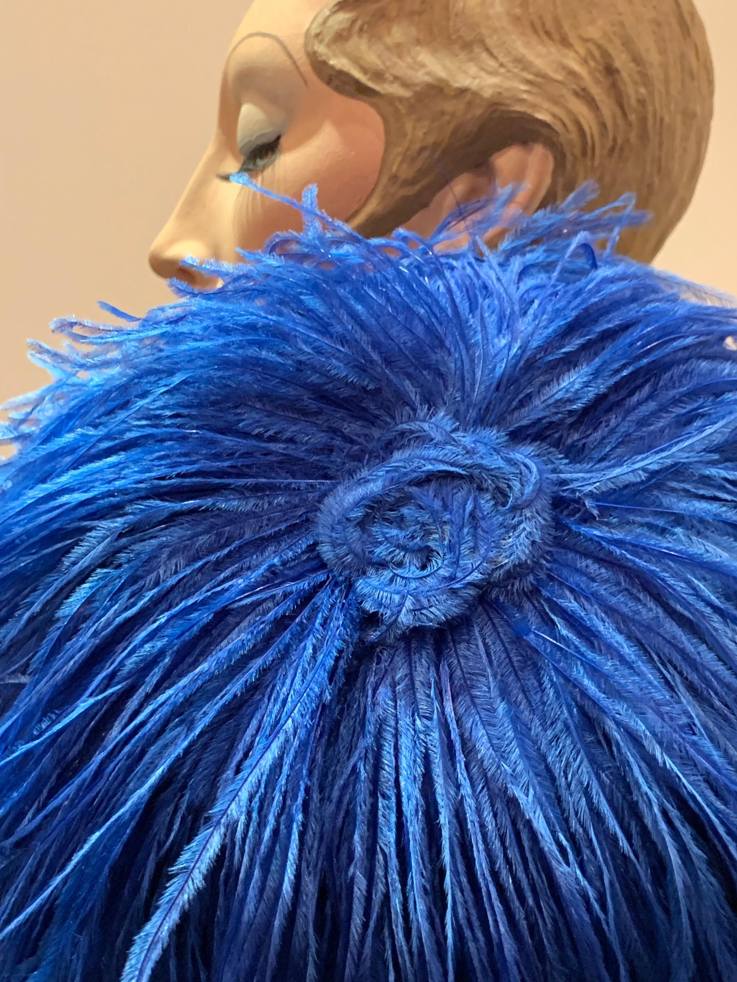 1950s Cobalt Blue Ostrich Feather Fringe Pillbox Hat  For Sale 1