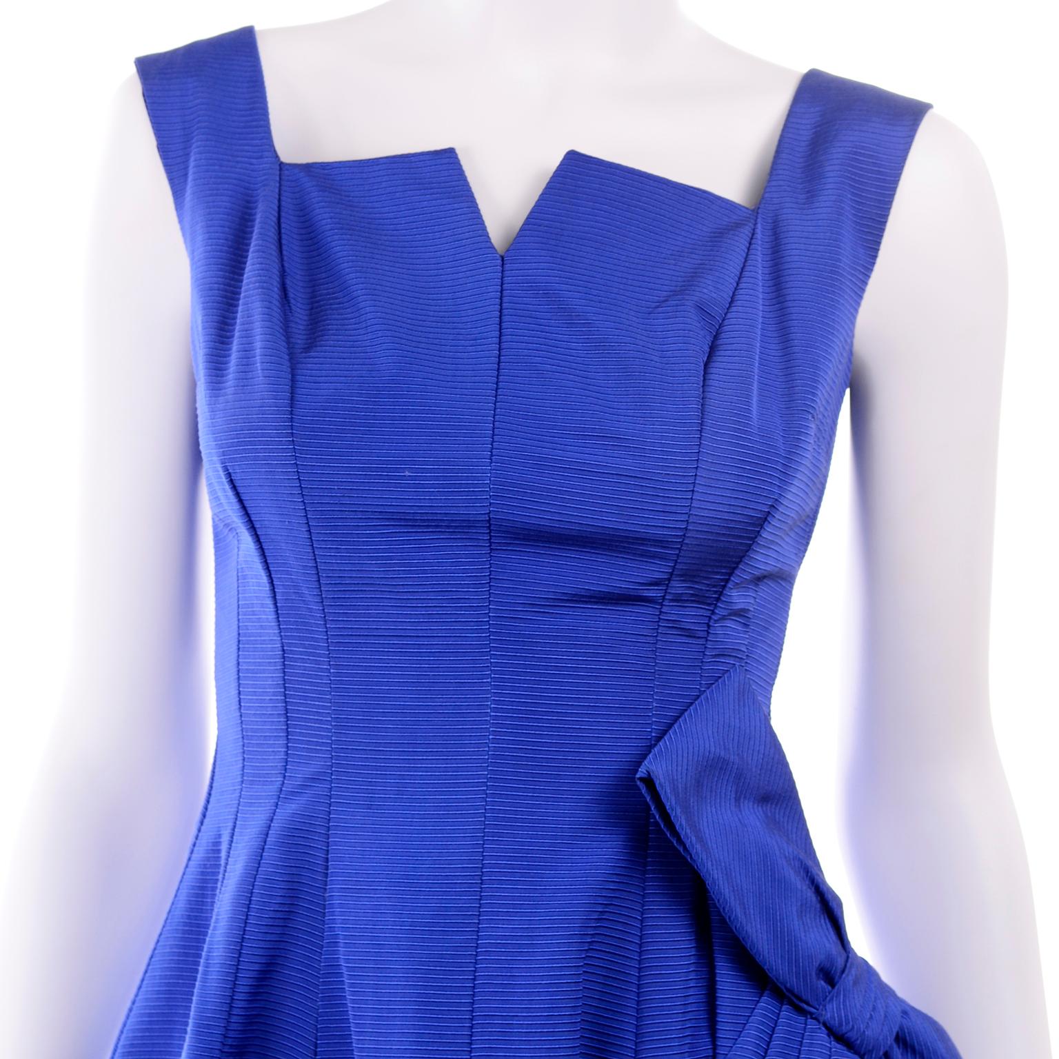 1950s Cobalt Blue Ribbed Vintage Evening Dress With Draping and Bow 3