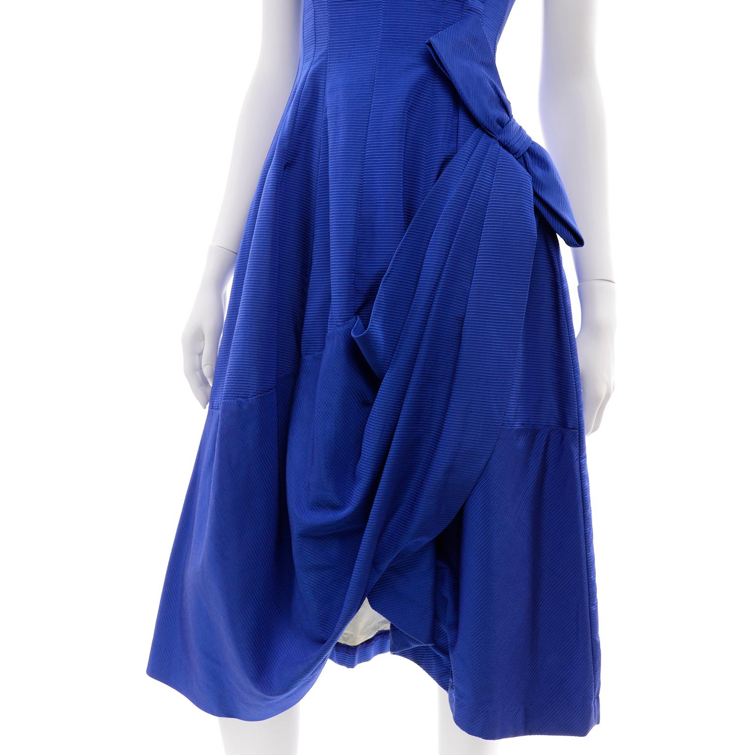 1950s Cobalt Blue Ribbed Vintage Evening Dress With Draping and Bow 4
