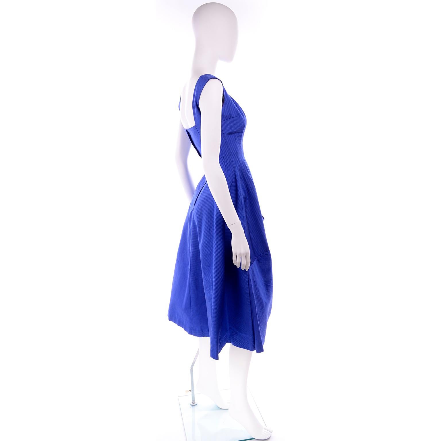 1950s Cobalt Blue Ribbed Vintage Evening Dress With Draping and Bow In Excellent Condition In Portland, OR