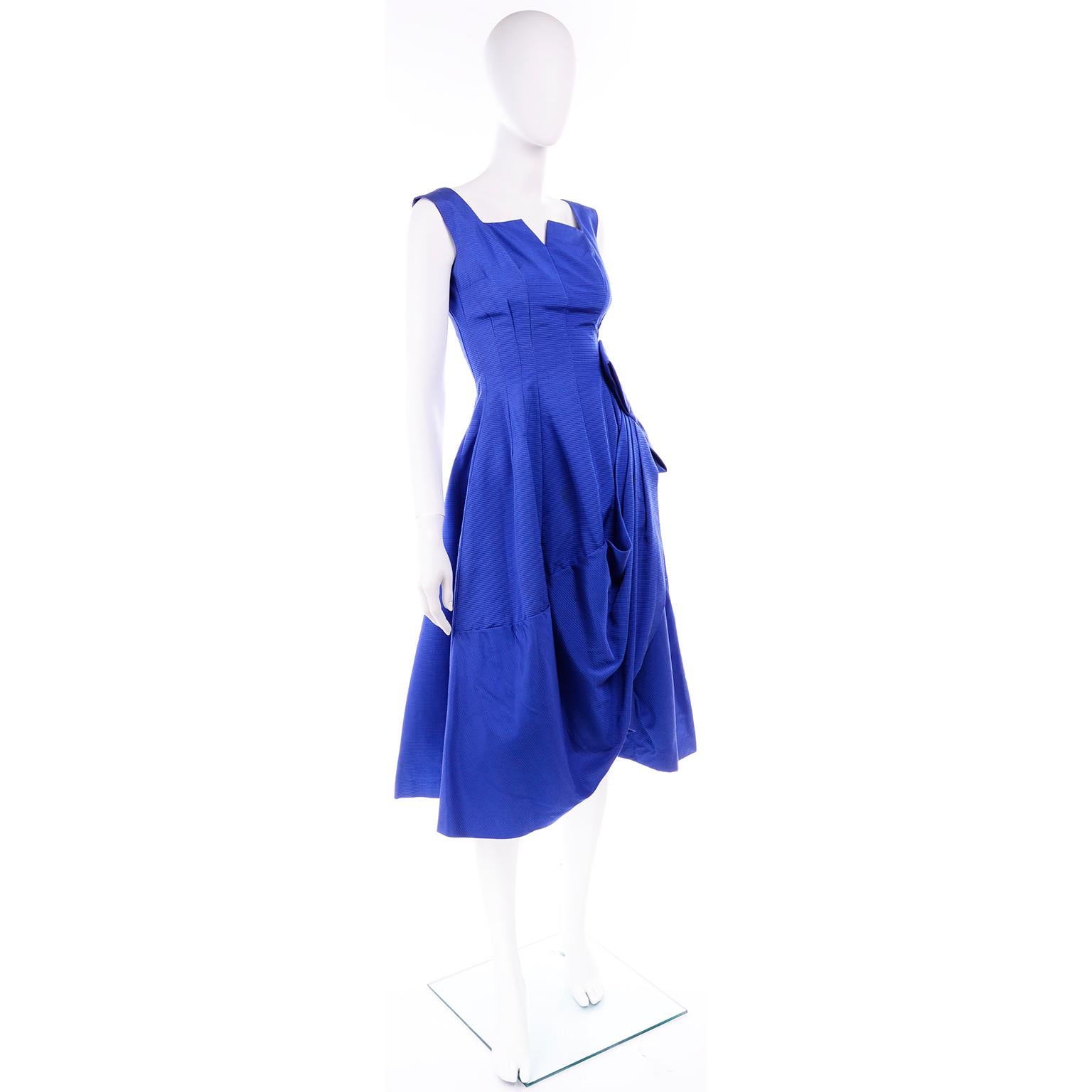 Women's 1950s Cobalt Blue Ribbed Vintage Evening Dress With Draping and Bow